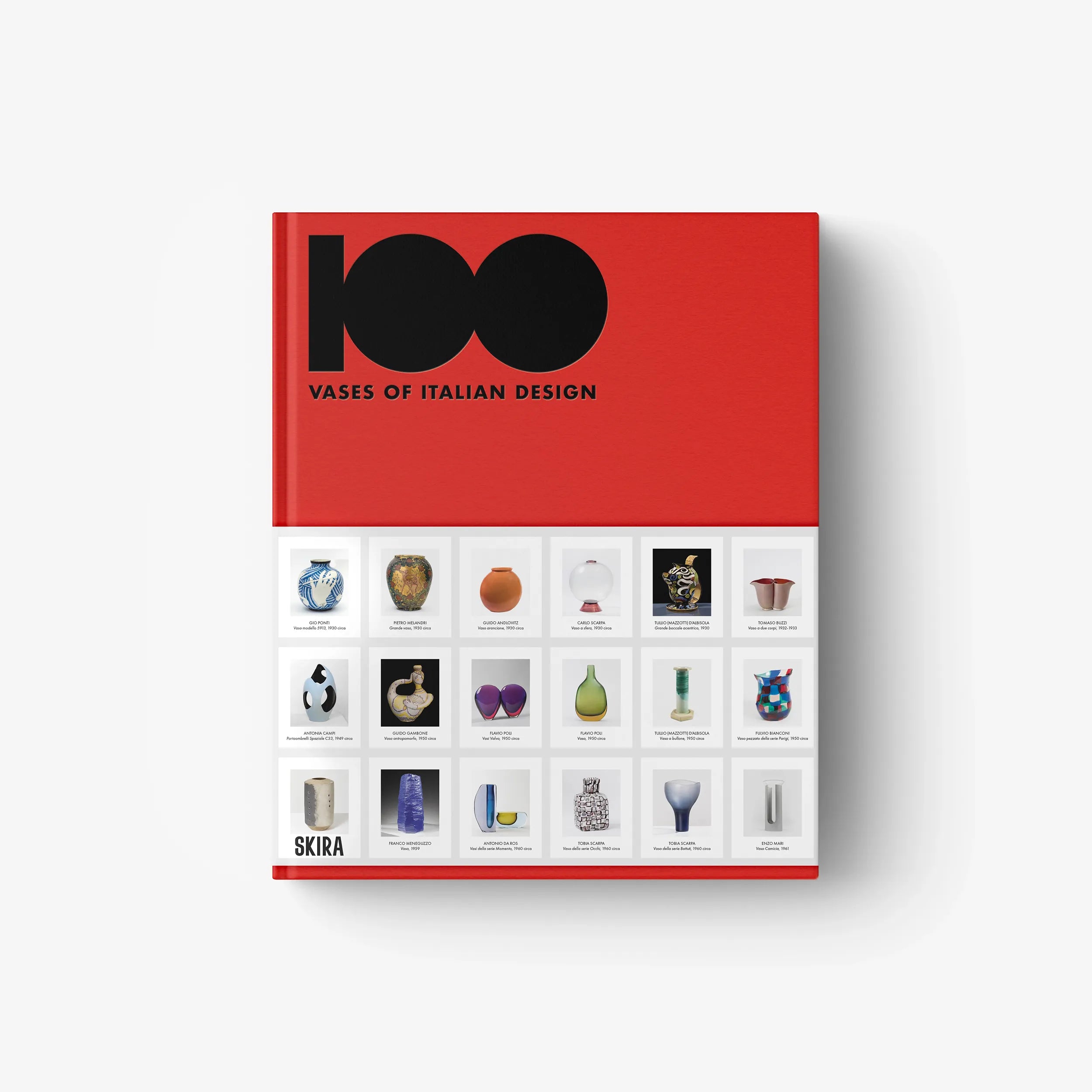 Red design book with open page grid showing small vase photos under the cover