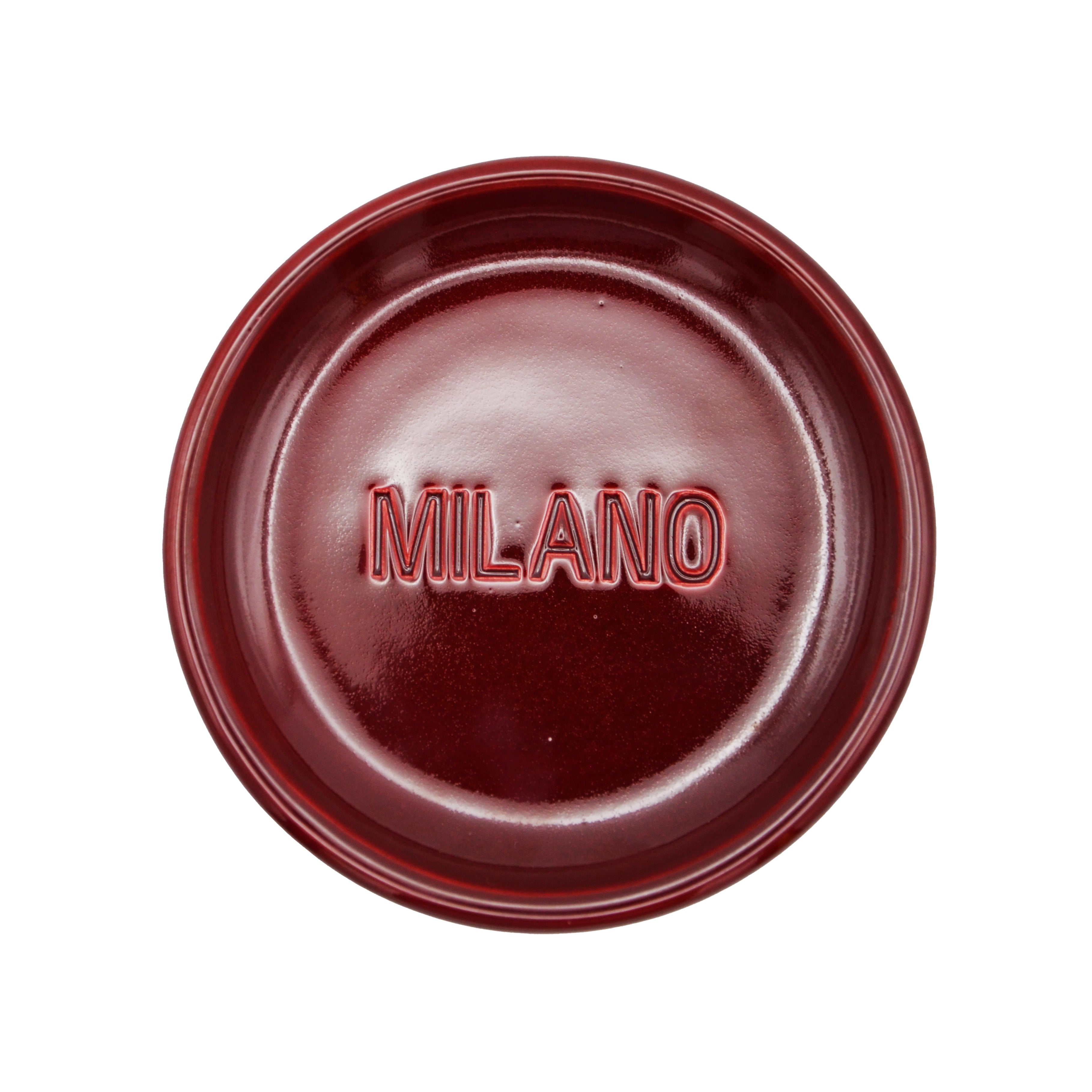 Round maroon trinket dish with raised rim and MILANO logo
