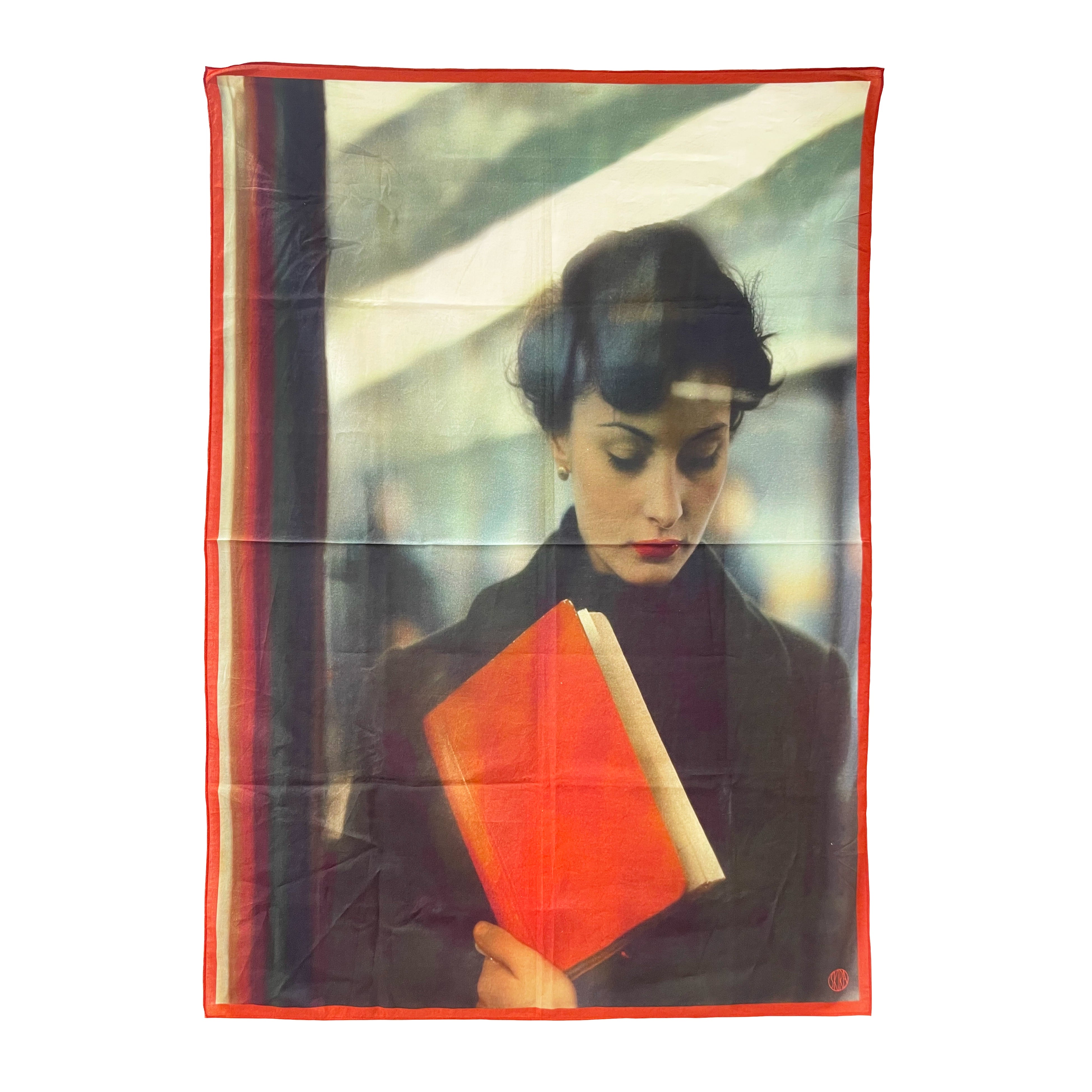 Silk-look scarf with portrait print in red and dark tones, red border