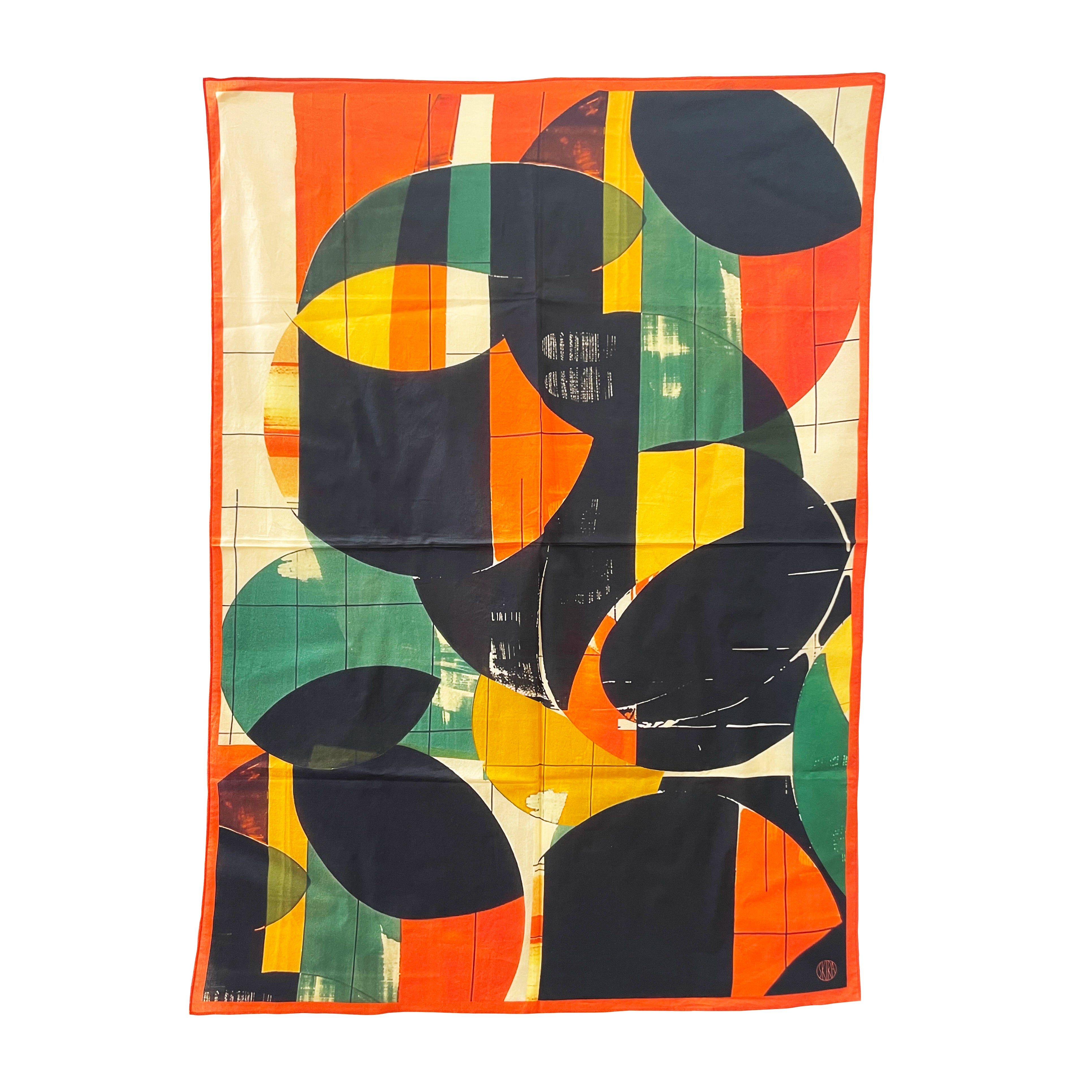Skira abstract scarf with orange, black, green and yellow geometric circle pattern