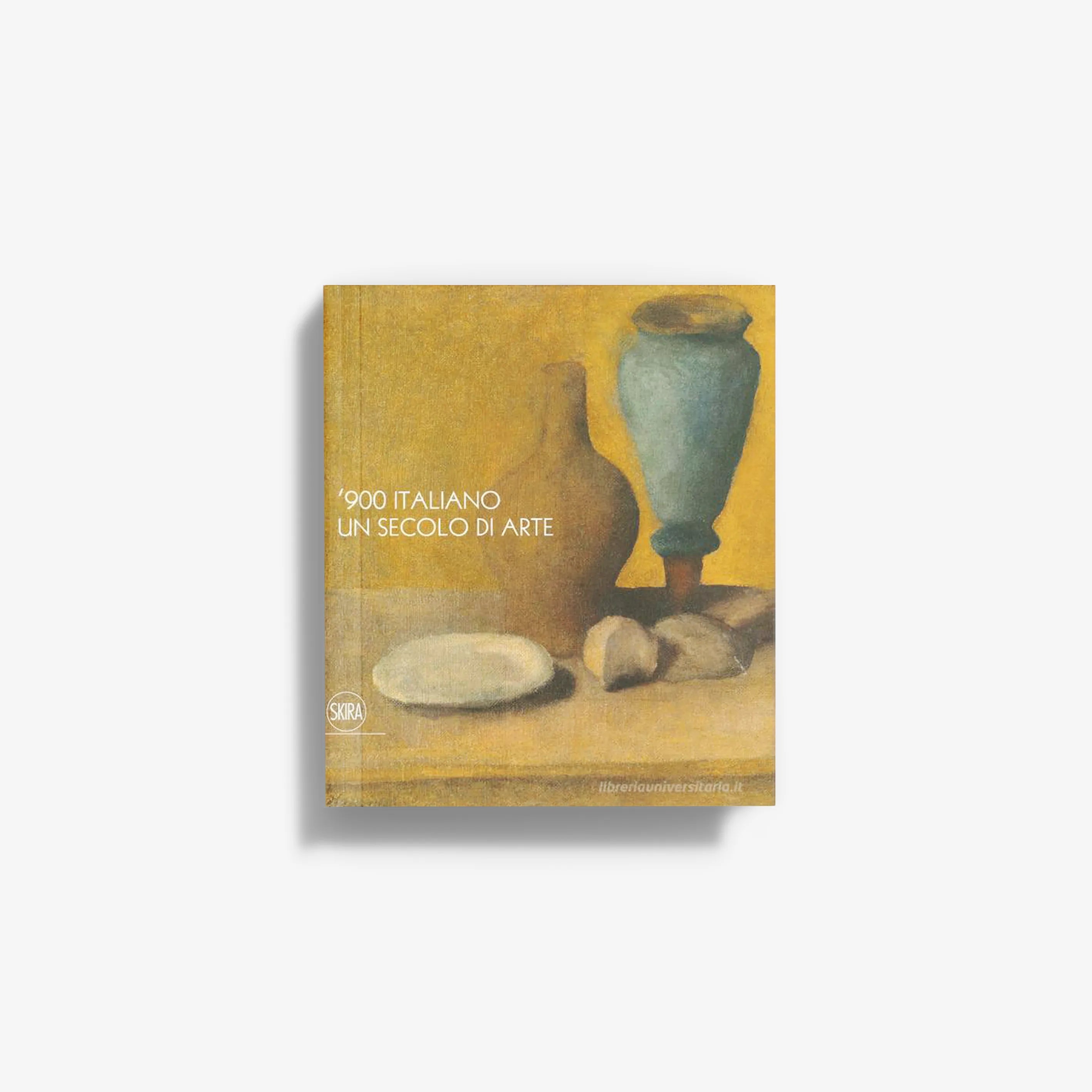 Still life painting with a teal vase, white plate, and bread on a warm yellow background.