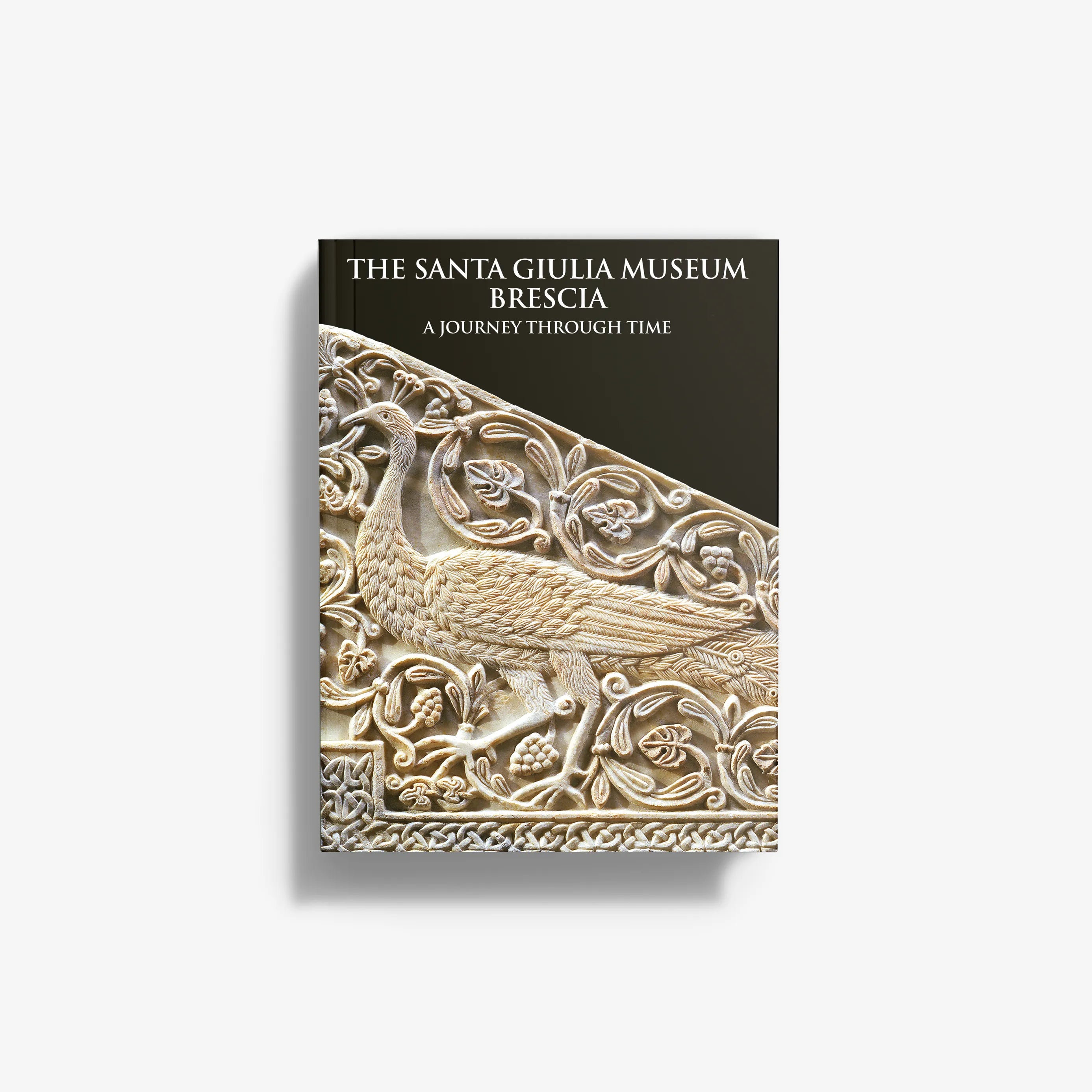 Museum guidebook by Skira Arte with dark cover and gold relief, featuring a historical visitor route through basilica and cloisters