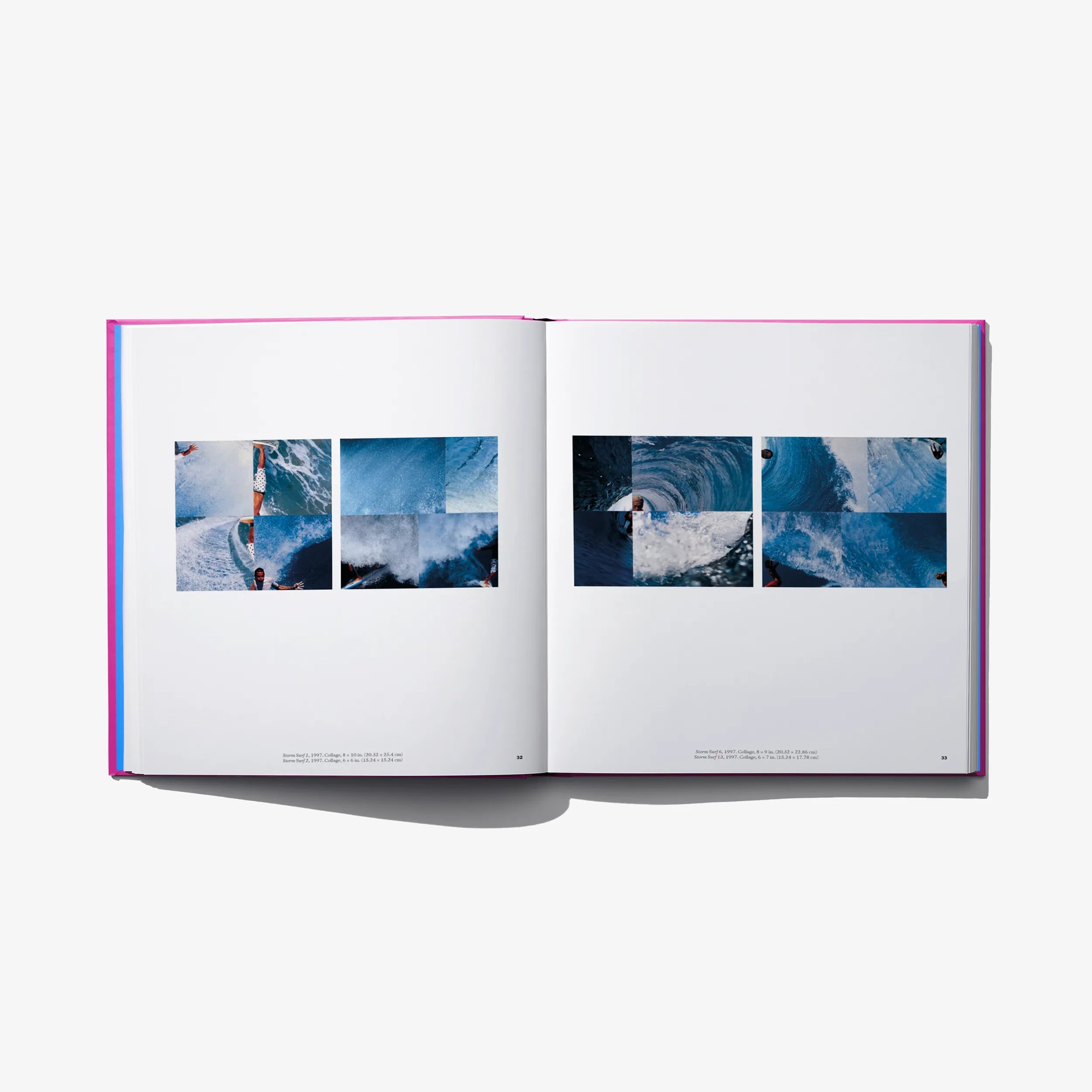 Art book open spread with two blue abstract landscape-style prints