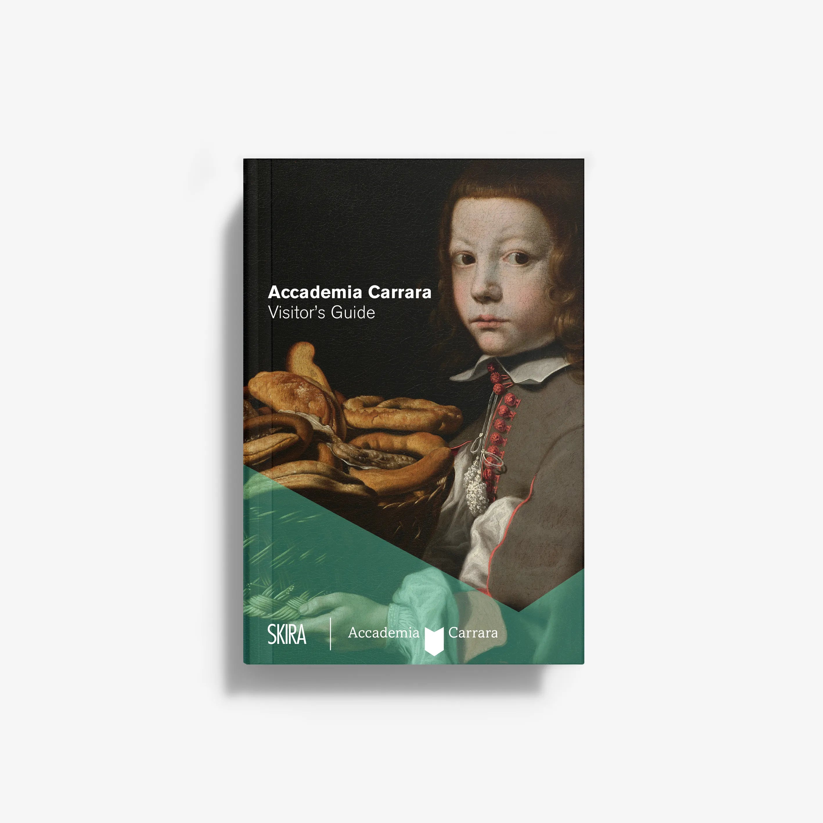 Visitor's guide book in dark cover with illustrated portrait, Skira Arte, Accademia Carrara, room-by-room itinerary