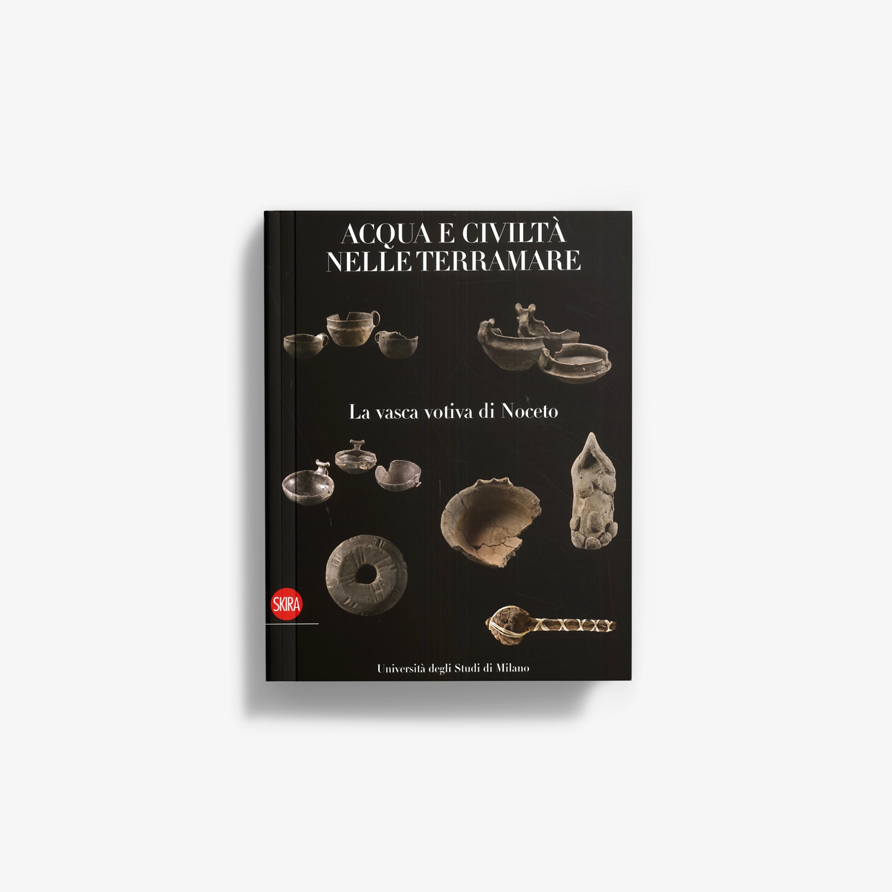 History book titled Water and Civilization in the Terramare, Noceto votive basin, with pottery