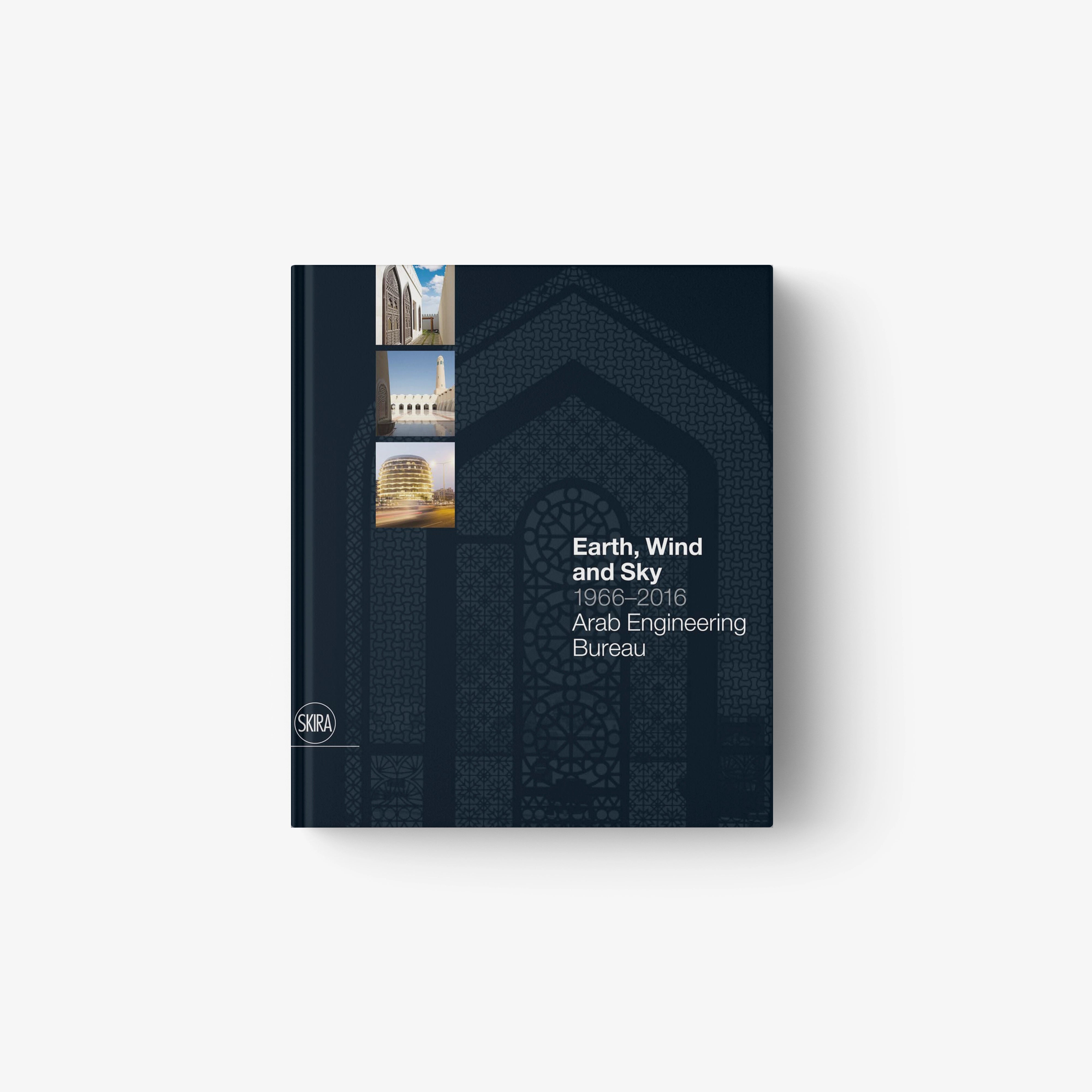 Dark blue book cover with embossed arch pattern and centered title text