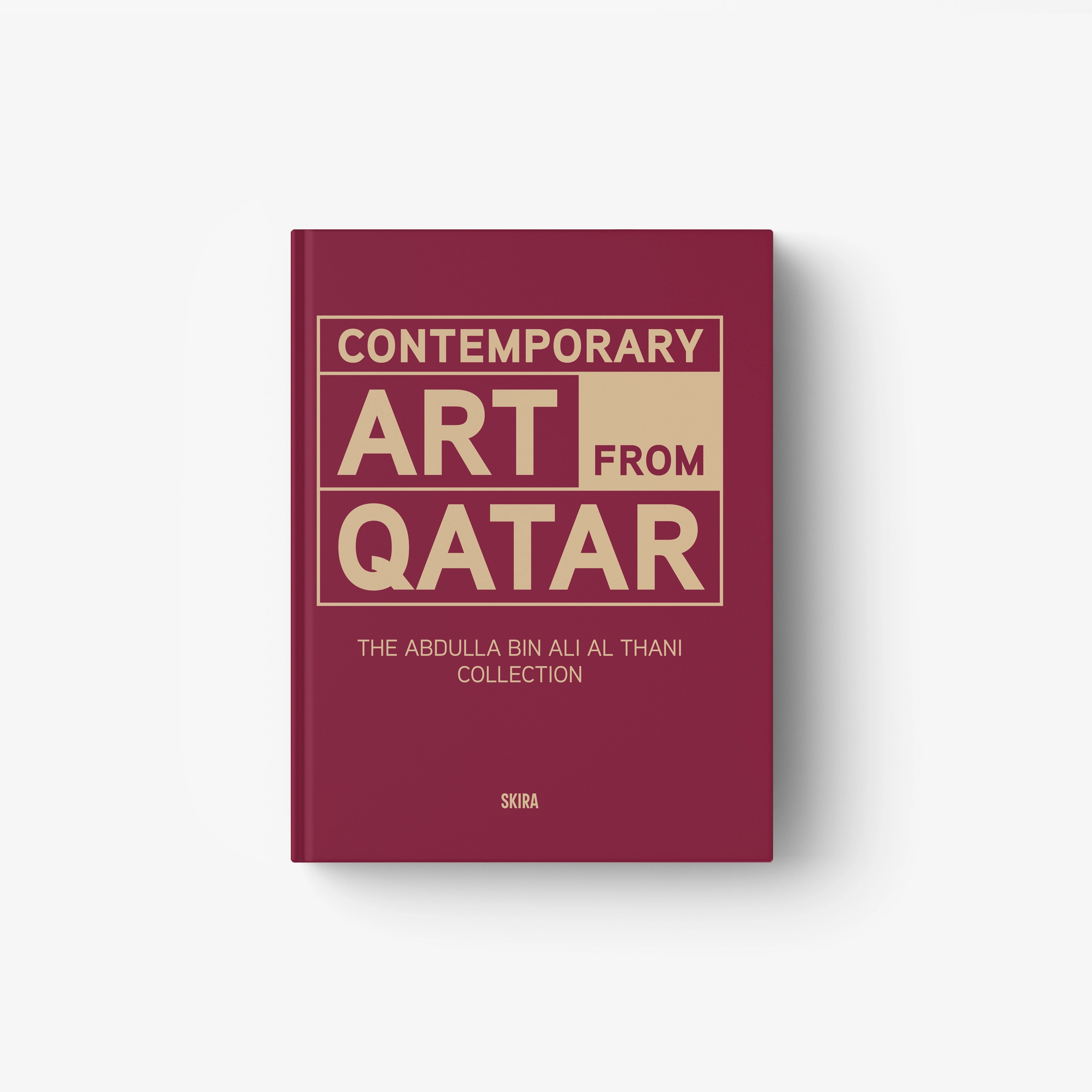 Maroon art book cover with bold 'ART FROM QATAR' title