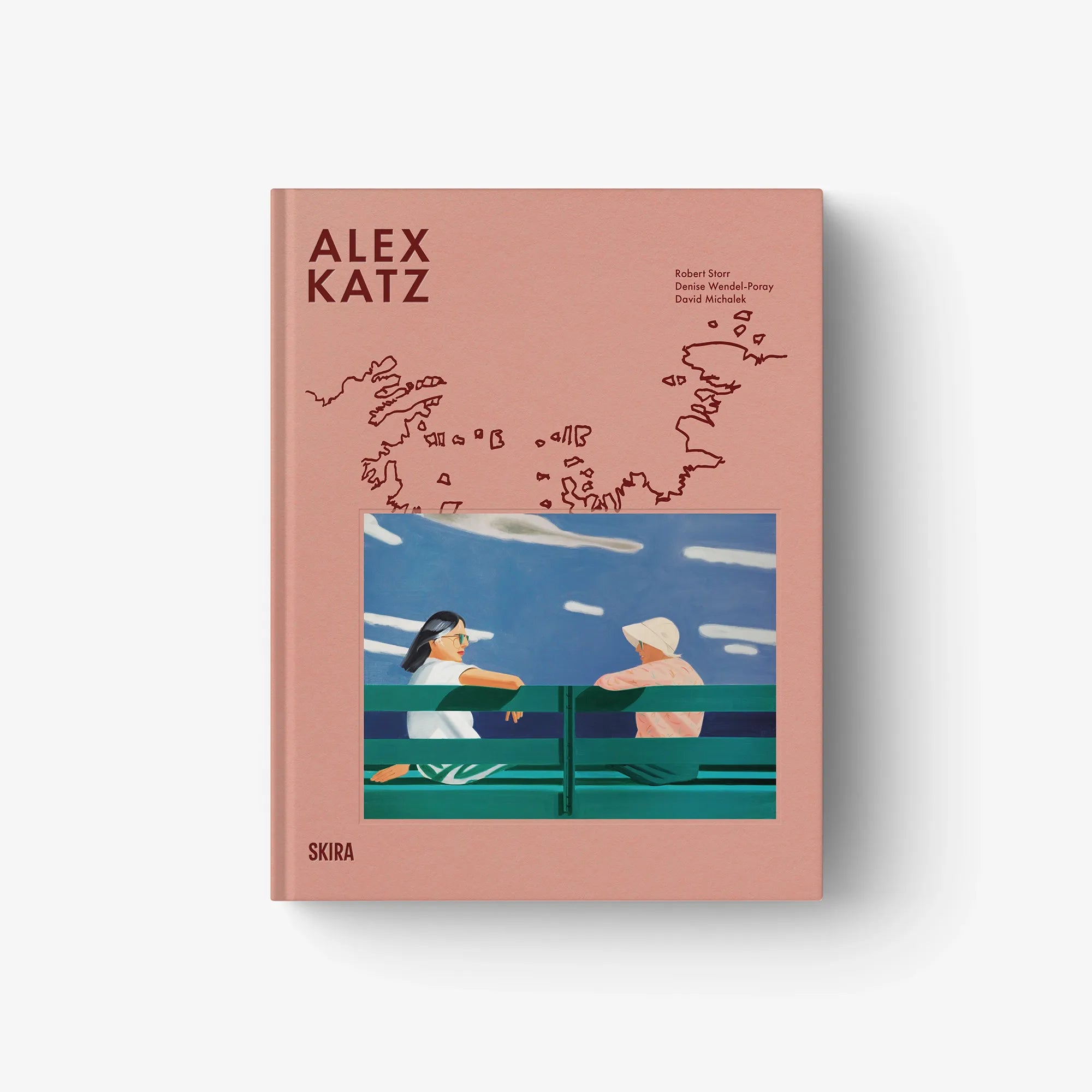 Alex Katz art book cover, peach with line map and colorful beach scene painting
