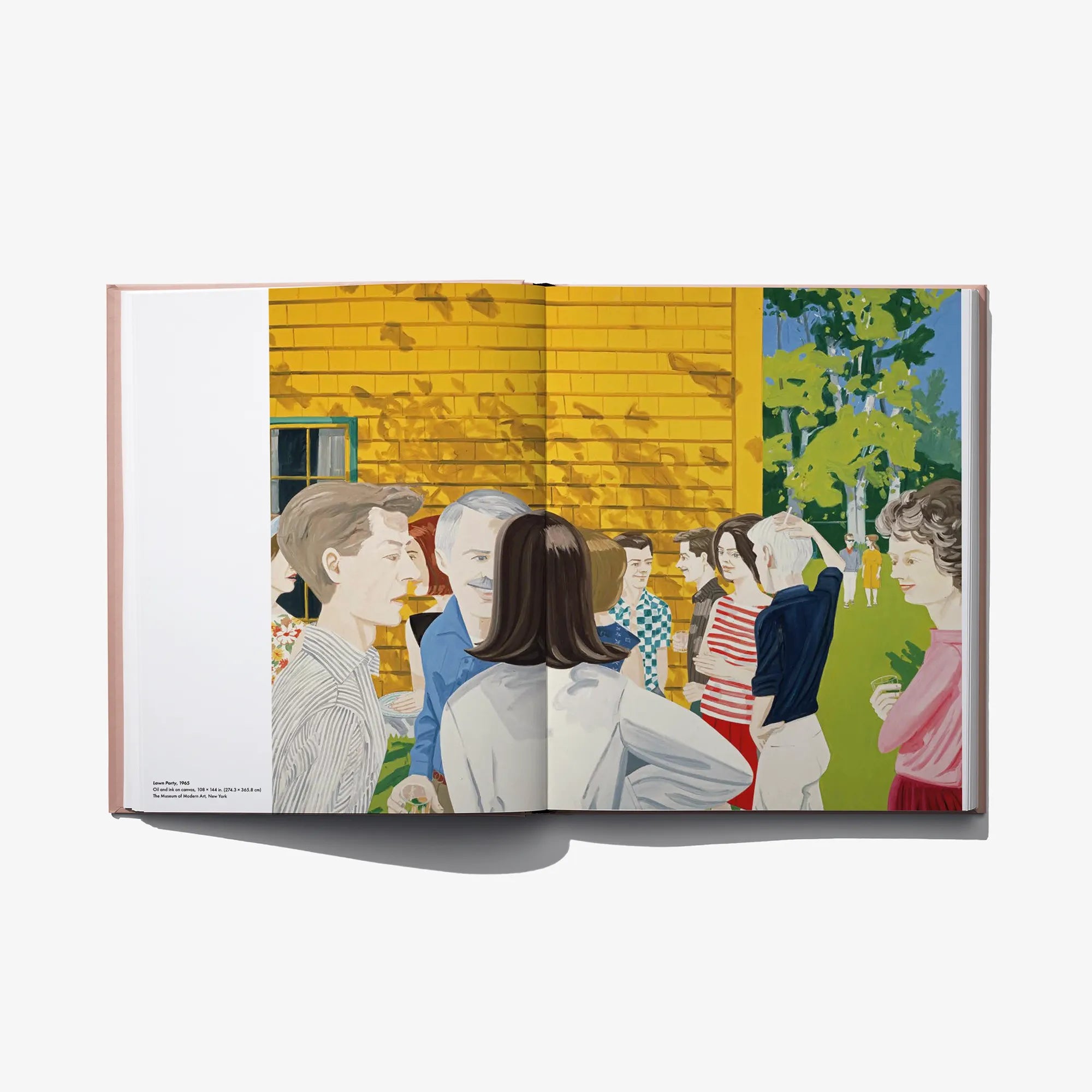 Open art book spread with stylized figures, yellow brick wall, and green trees