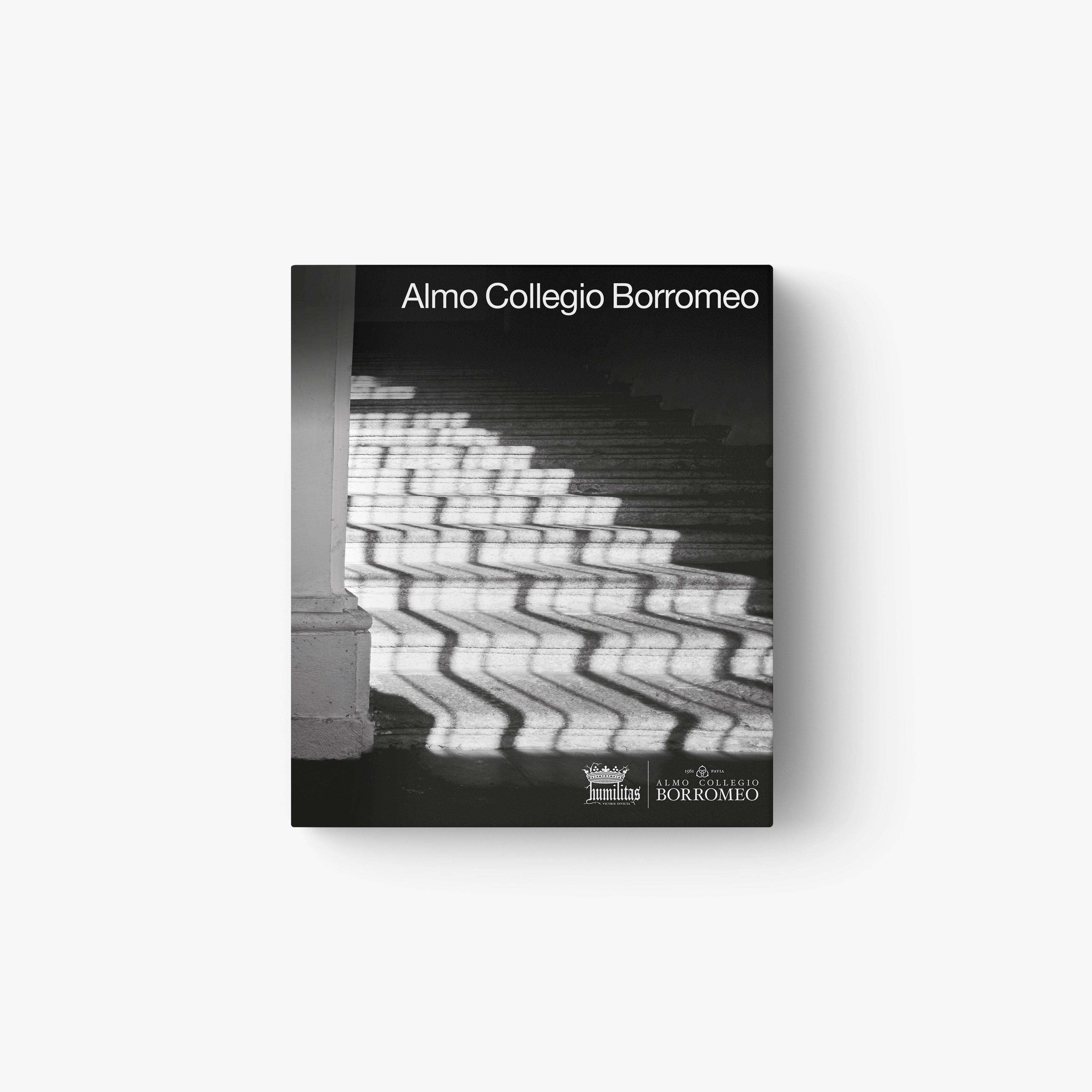 Black and white book cover featuring geometric light patterns on stairs with "Almo Collegio Borromeo" title.