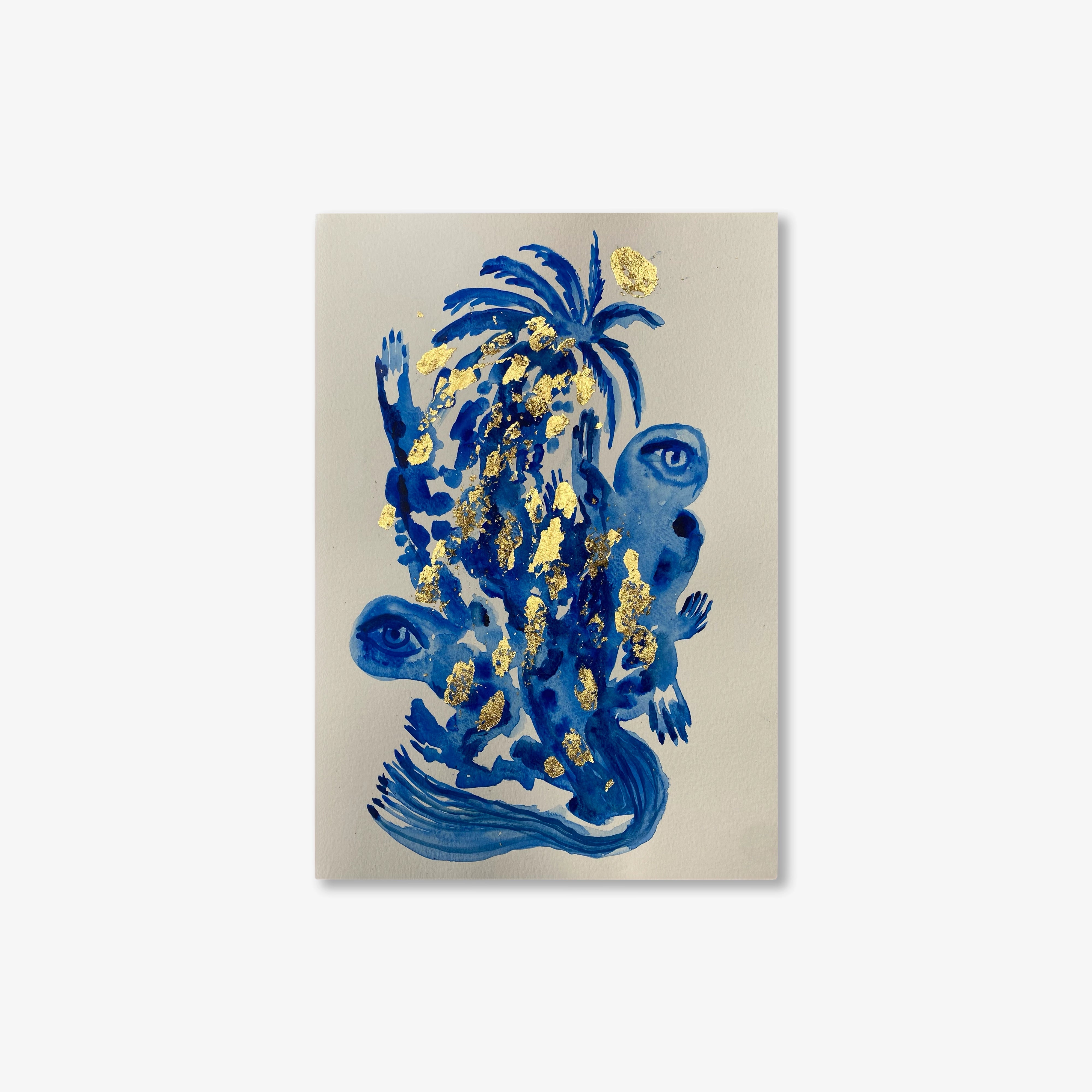 Limited edition wall art print with blue and gold abstract face portrait