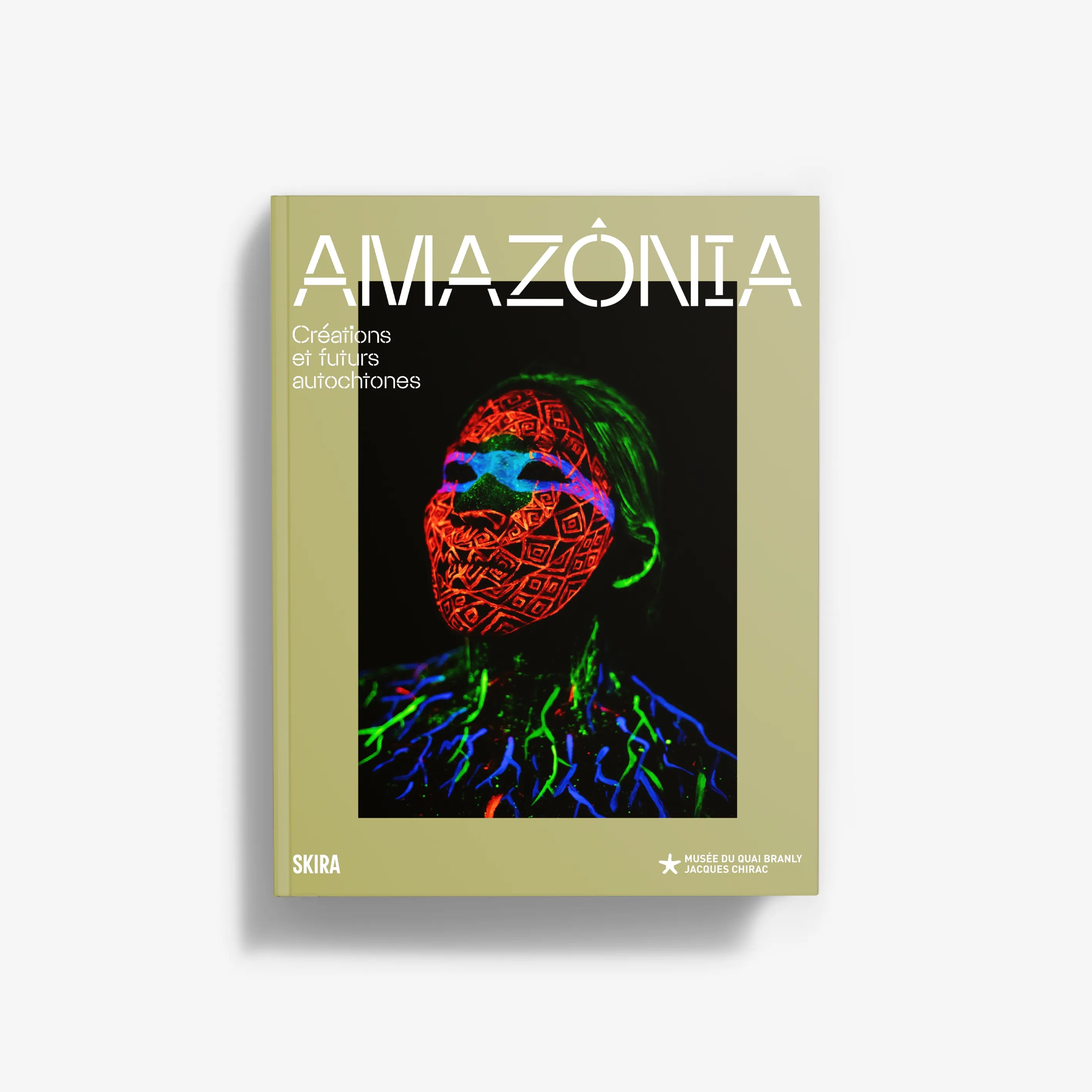 Amazonia book cover with colorful face illustration and indigenous-themed title