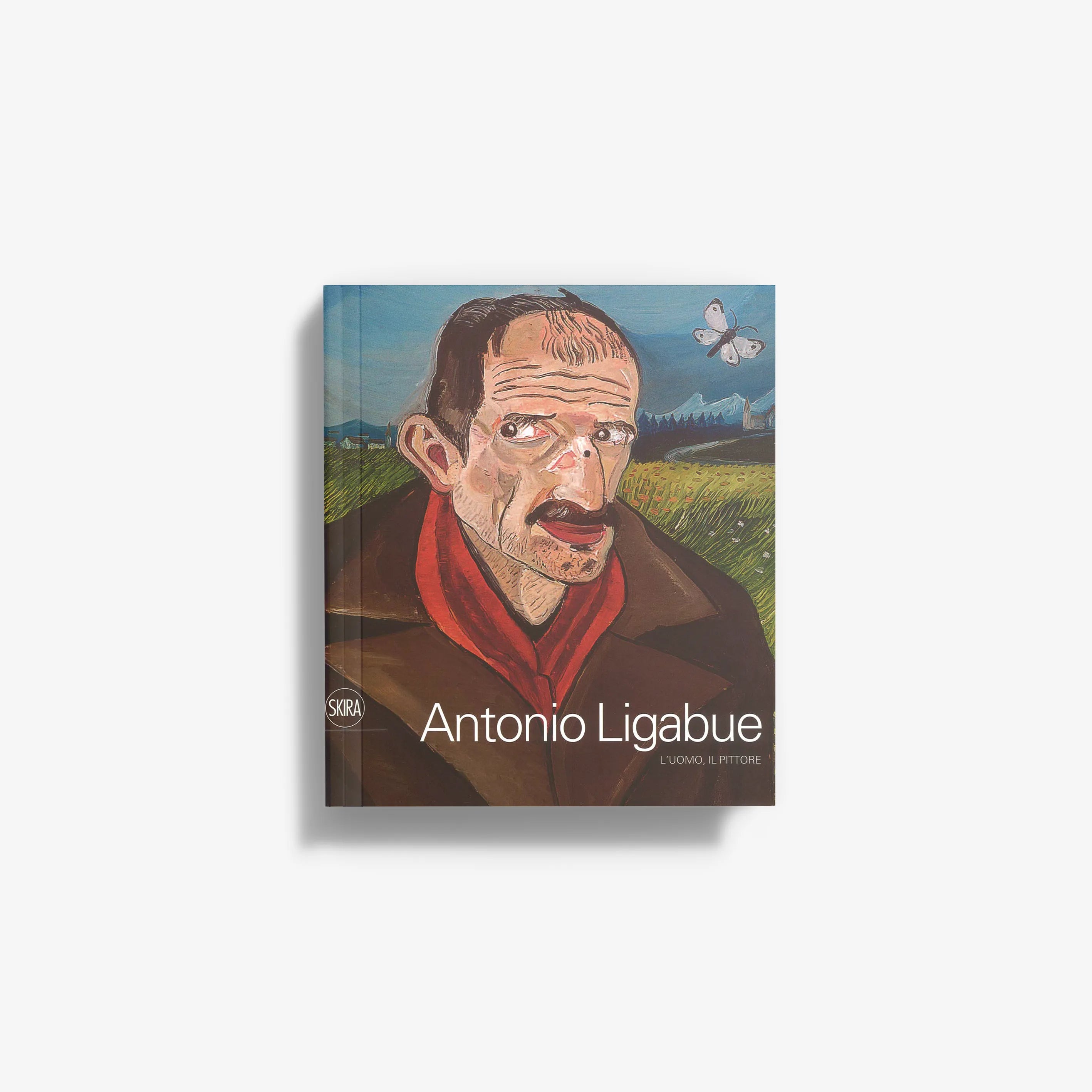 Antonio Ligabue book cover with illustrated portrait and butterfly, blue green background