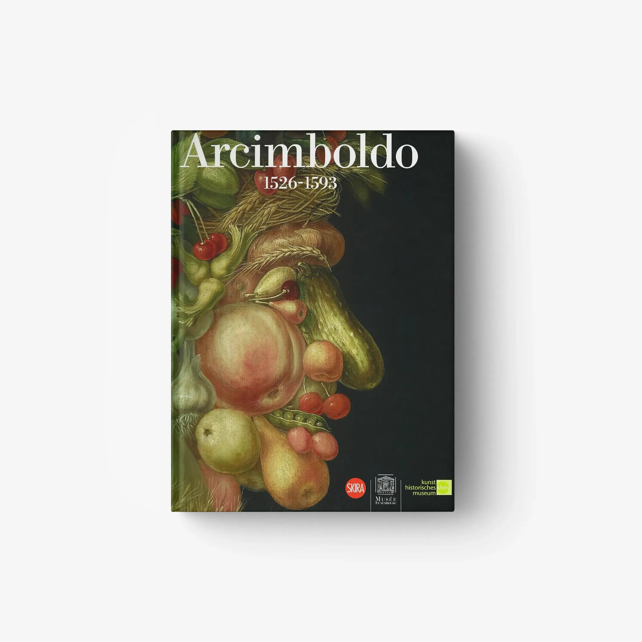Arcimboldo book cover with green fruit collage on dark background, red title text