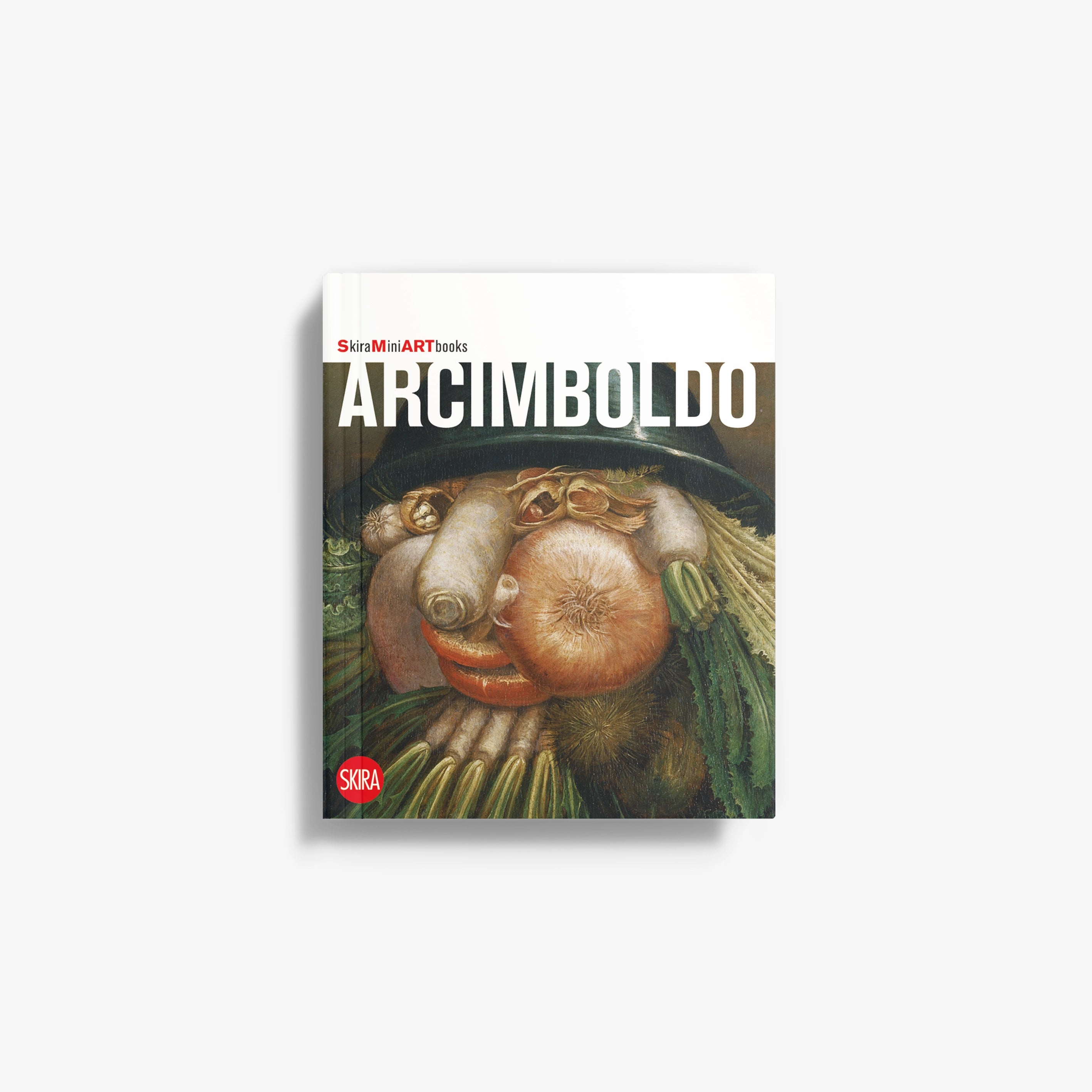 Arcimboldo art book cover with painted face of fruits and vegetables