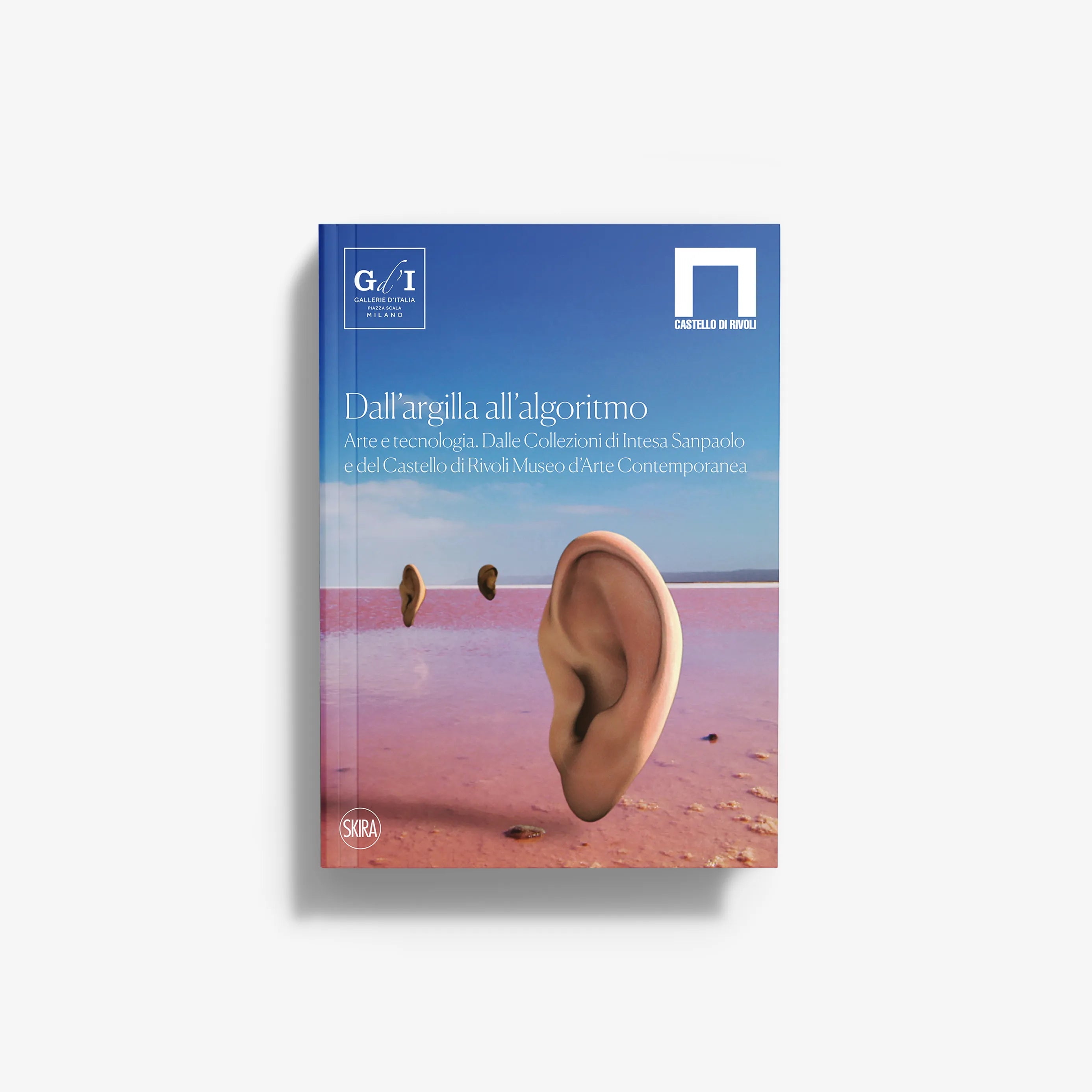 Book cover with blue background and large ear illustration, illustrated landscape