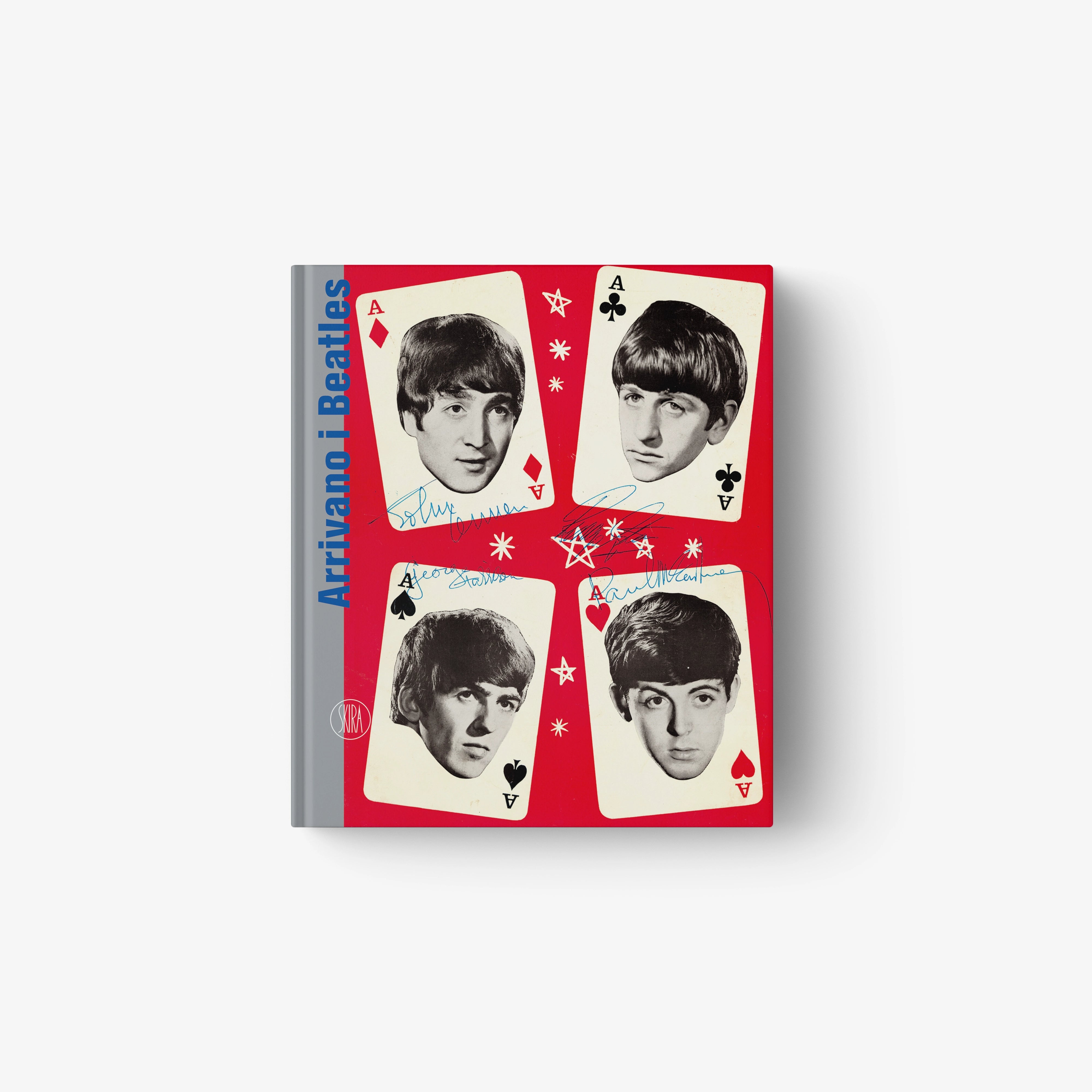 Vinyl record album cover with red background and four black-and-white Beatles portraits