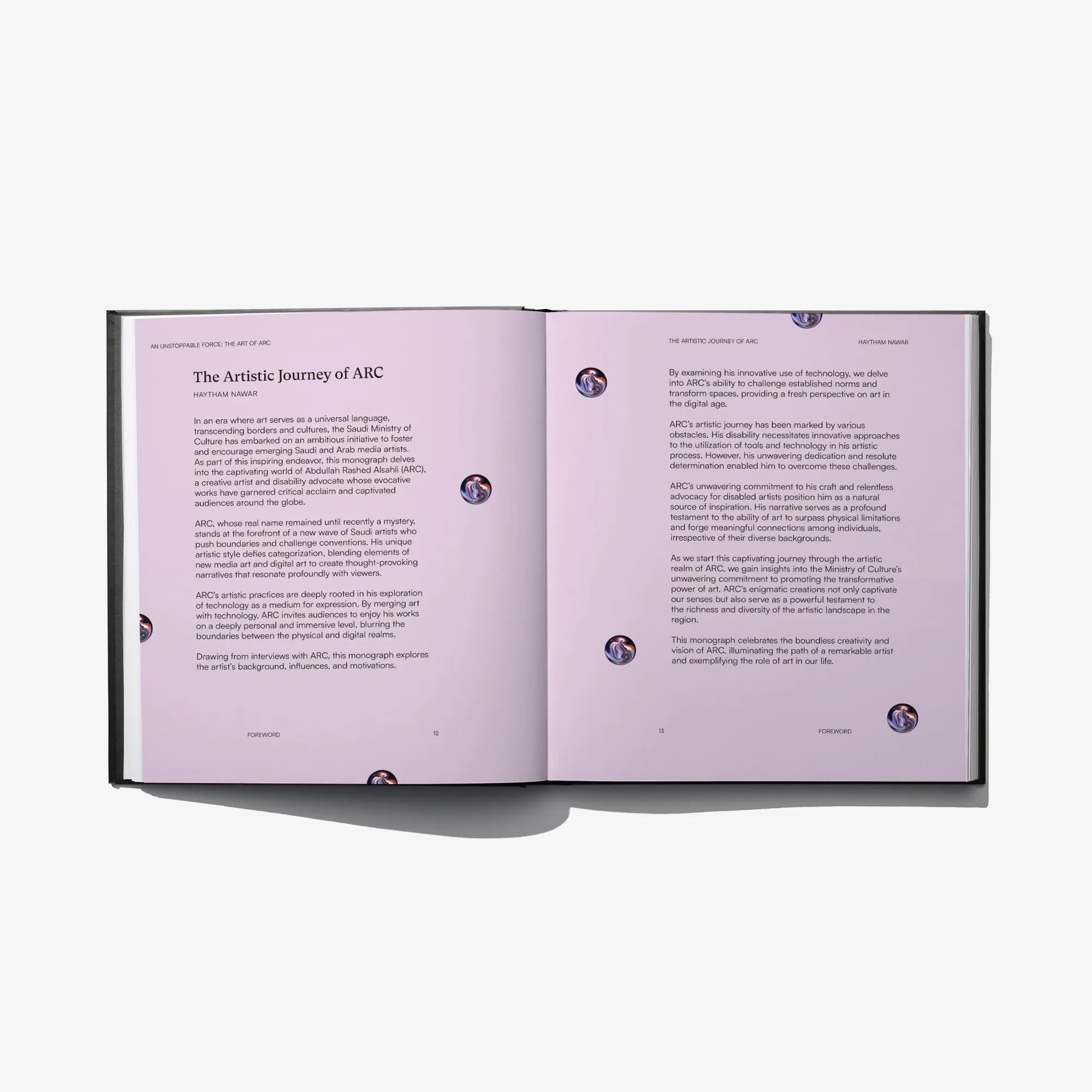 Opened book spread with two pages of paragraphs and small badge-style icons.
