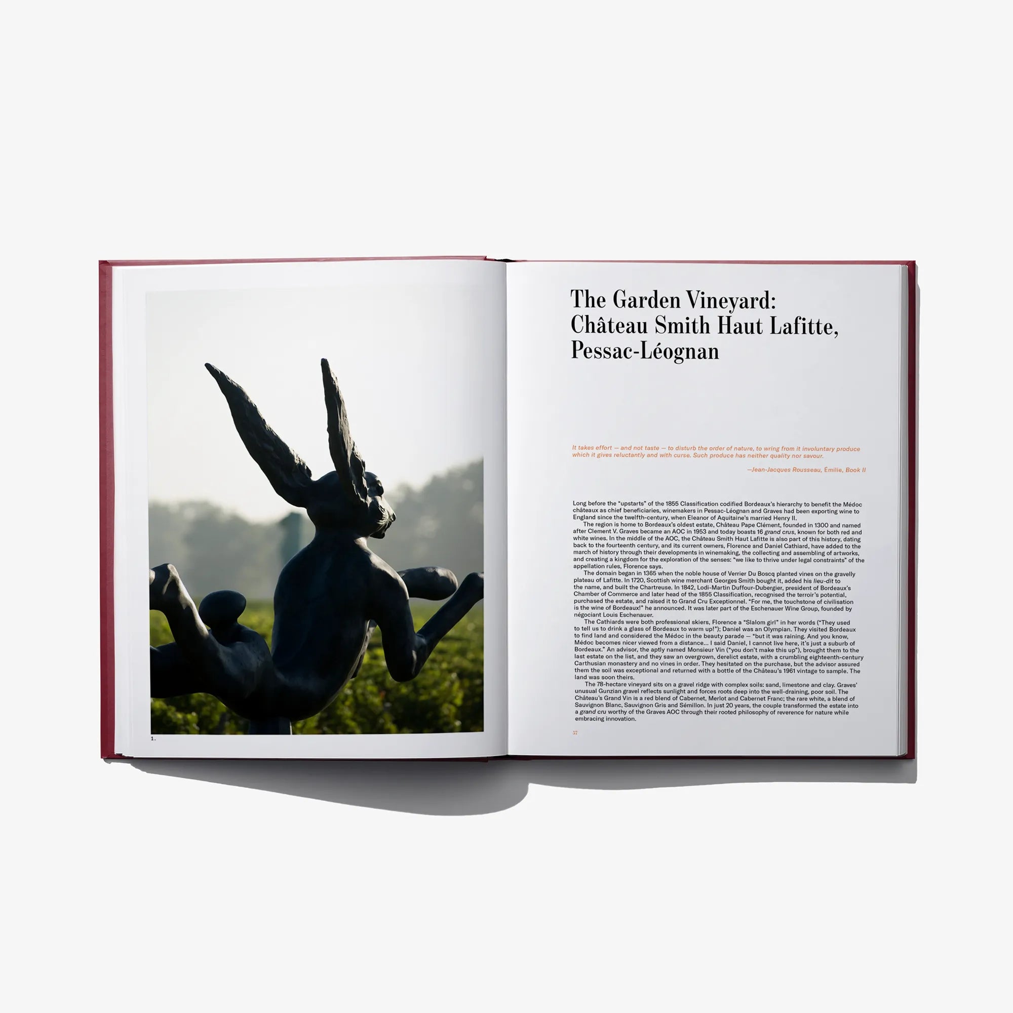 Open book spread with photo of dark bird sculpture on left and text on right page.
