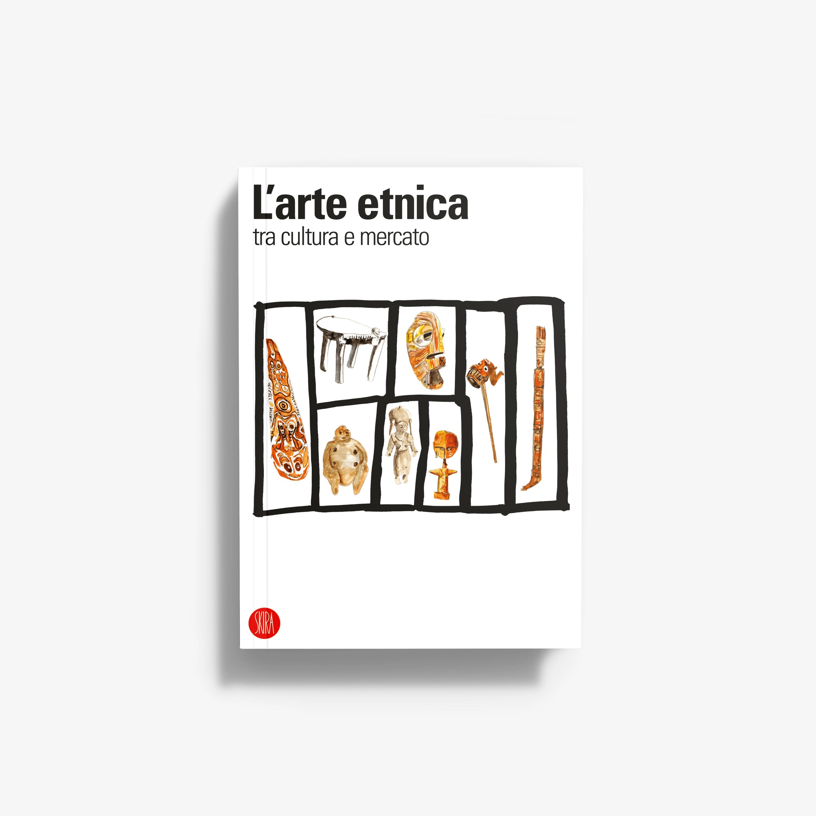 Ethnic art book cover with black-and-white illustrated panel and orange ornaments