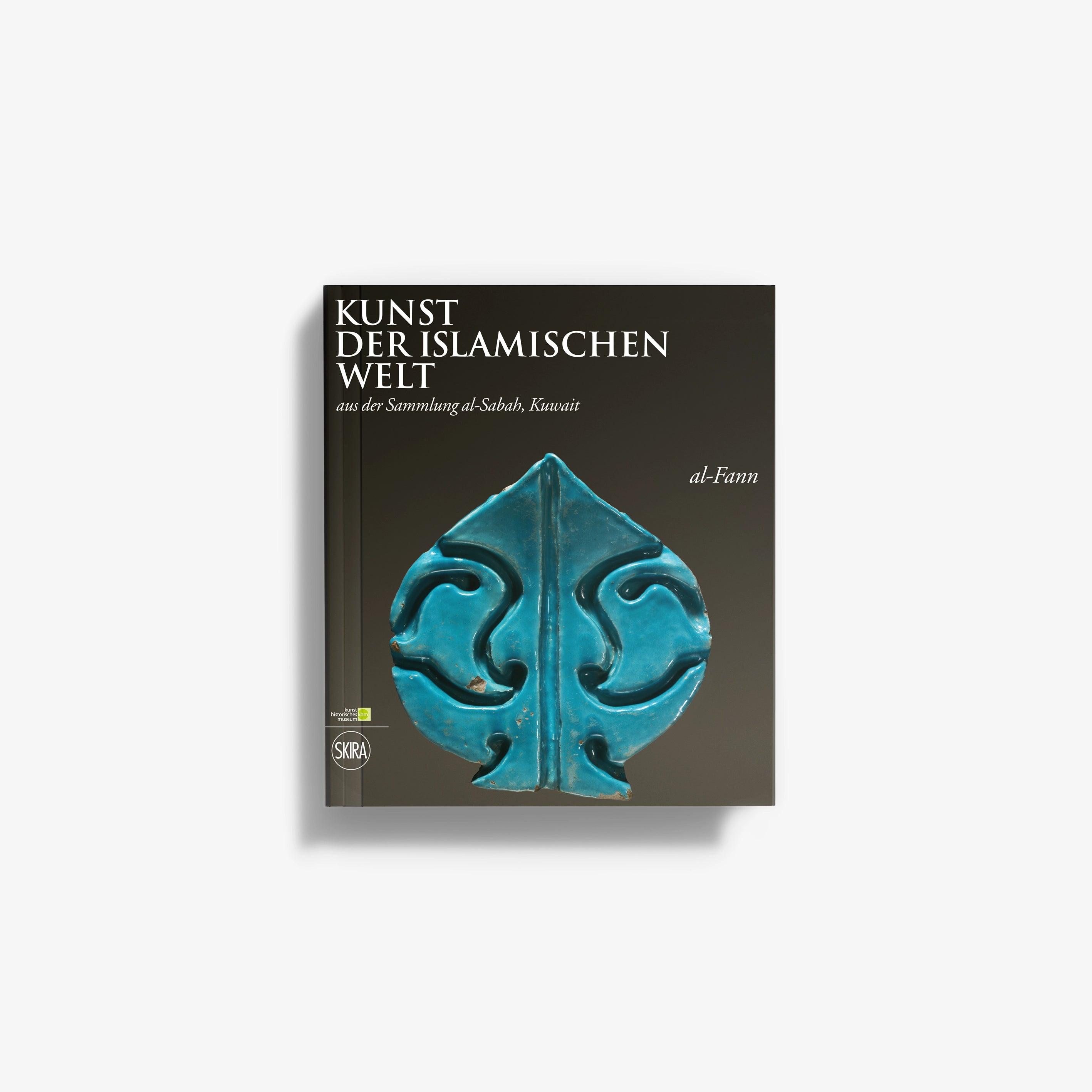 Islamic art book cover with teal ornamental emblem on dark background