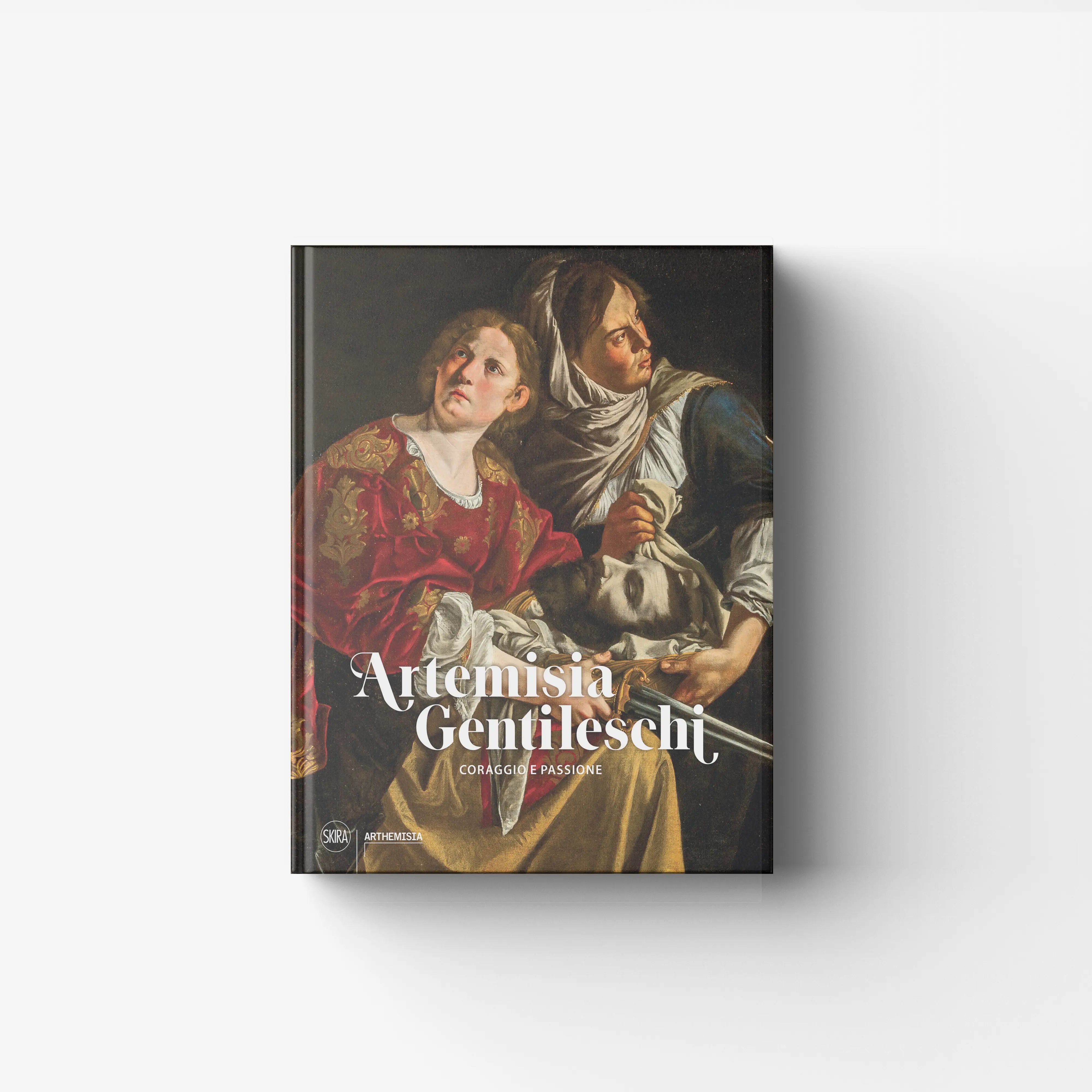 Art book Artemisia Gentileschi by Skira Arte with 50 paintings included, showing two figures in red and cream robes