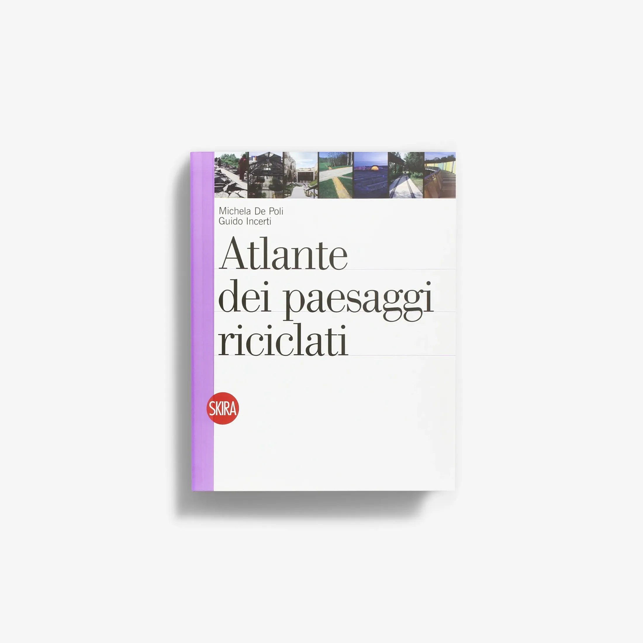 Recycled landscape atlas book with white cover and purple spine