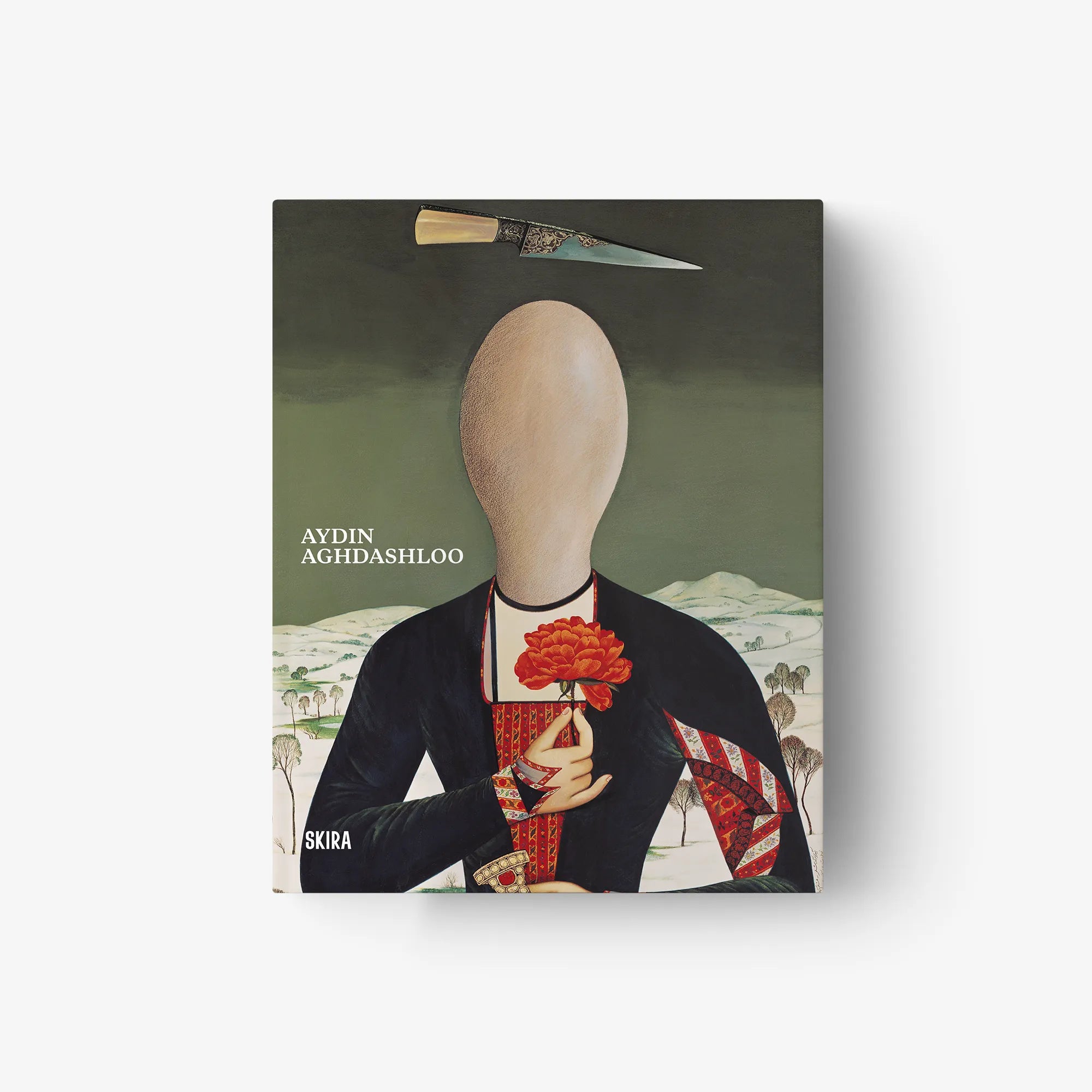 Art book with dark cover, portrait figure, red flower on a patterned shirt