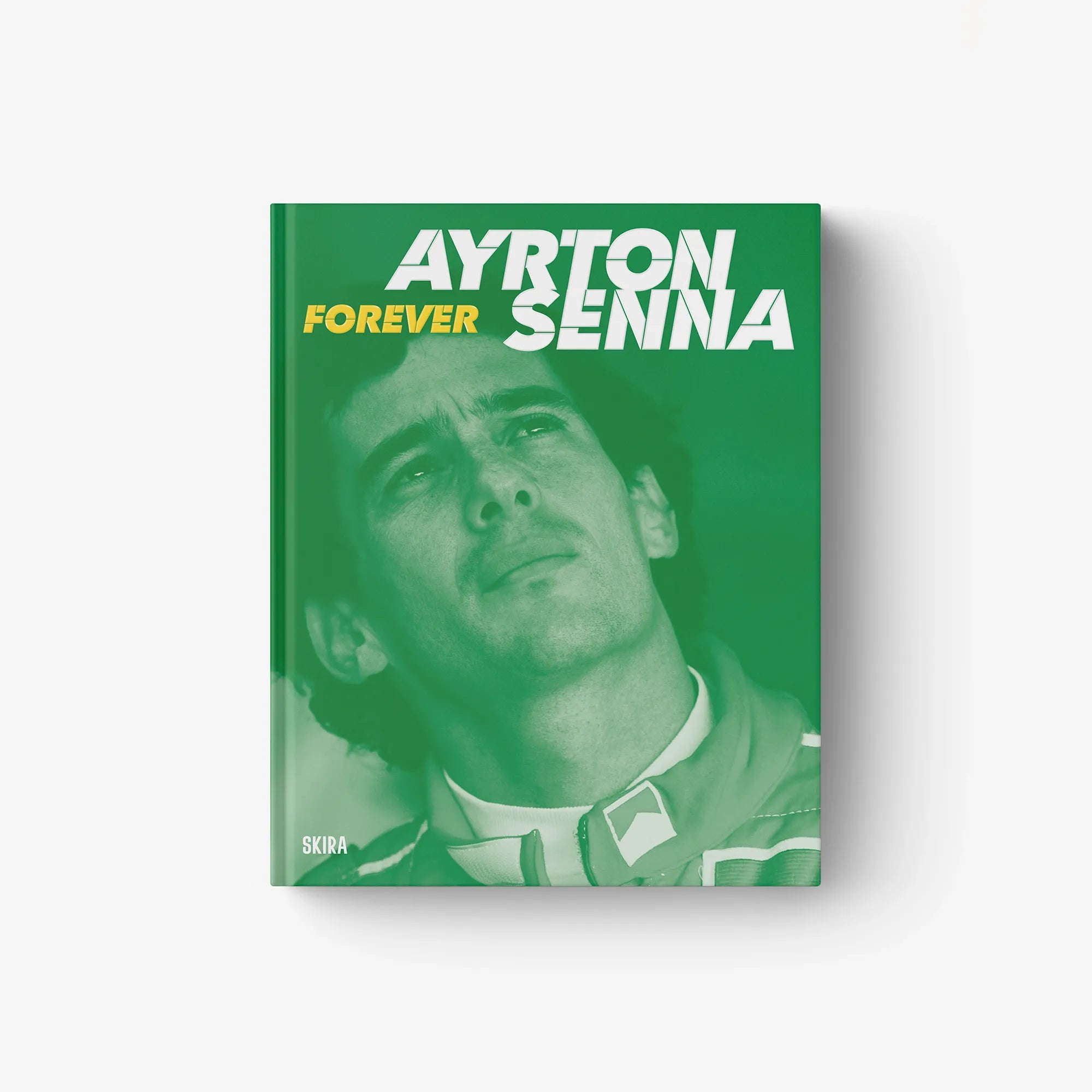 Ayrton Senna Forever book with green cover and portrait of racing driver
