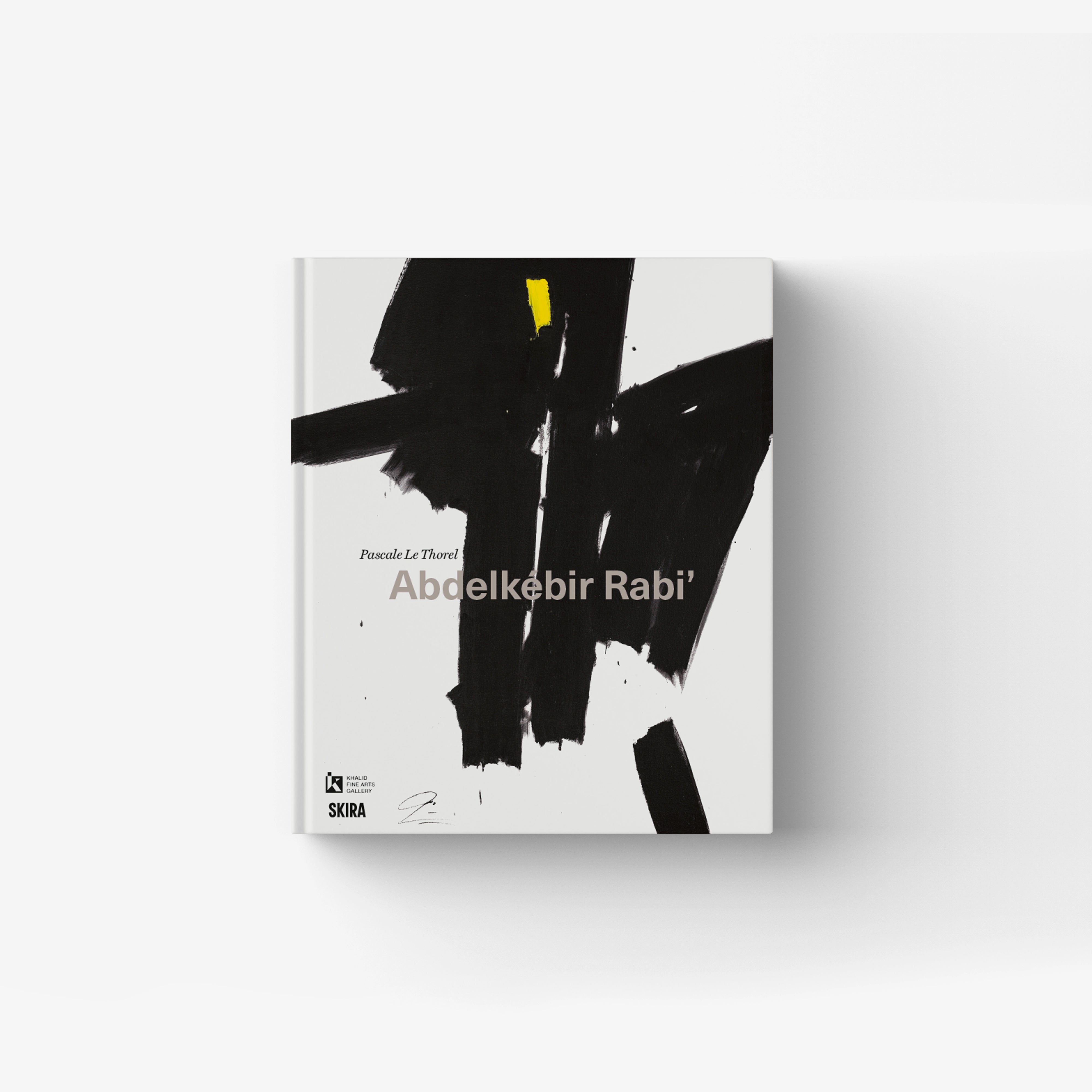 Contemporary art artwork in black with a yellow brush mark, Skira Arte, single-gesture black line composition