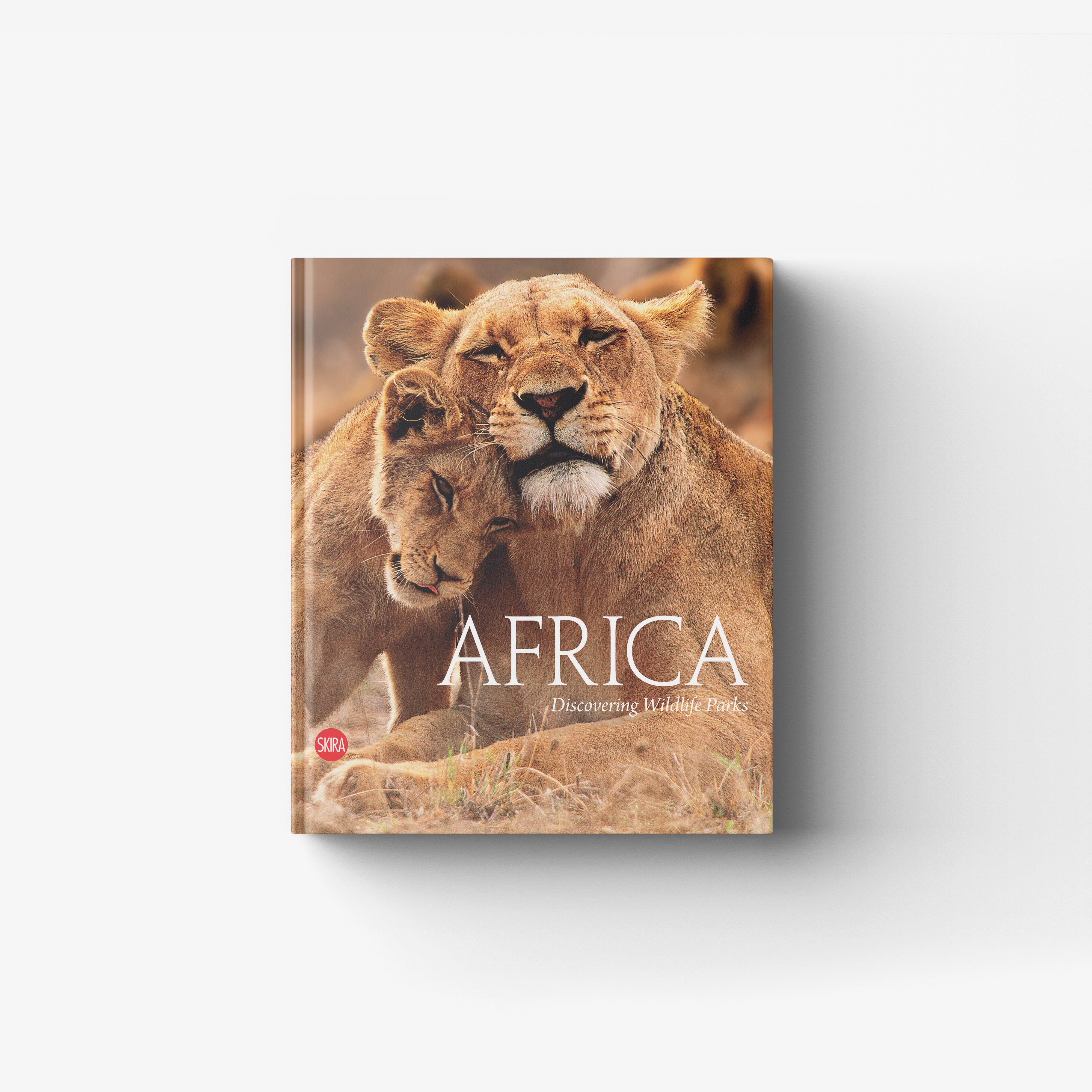 Wildlife photography book by Skira Arte with a lion and lioness cover in warm sandy tones, hardcover photo book