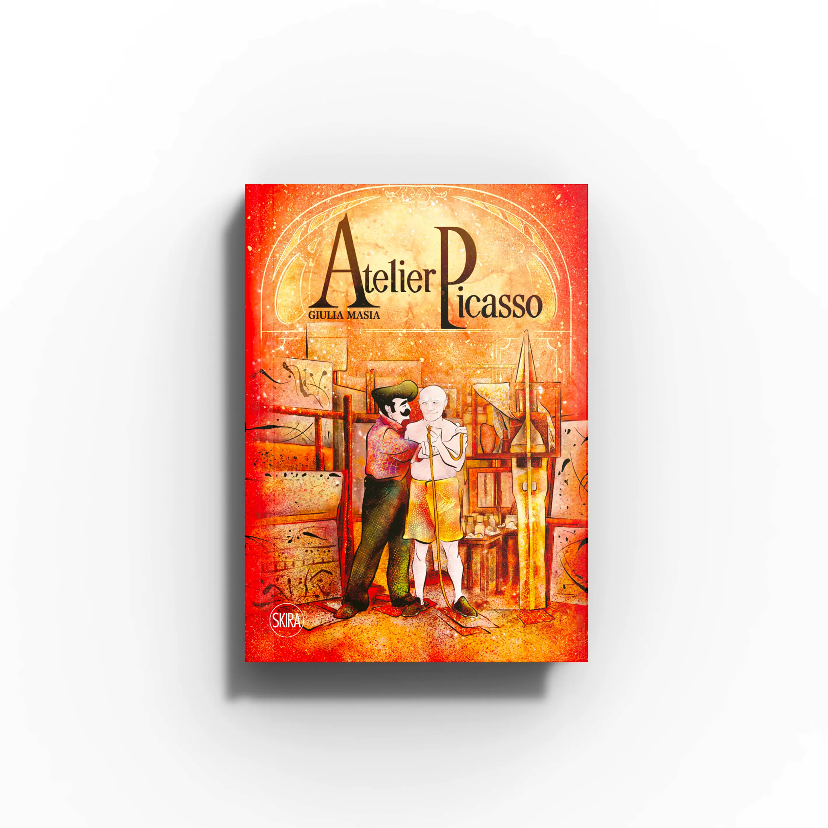 Graphic novel by Skira Arte, Atelier Picasso, red illustrated cover with biographical art story by Giulia Masia