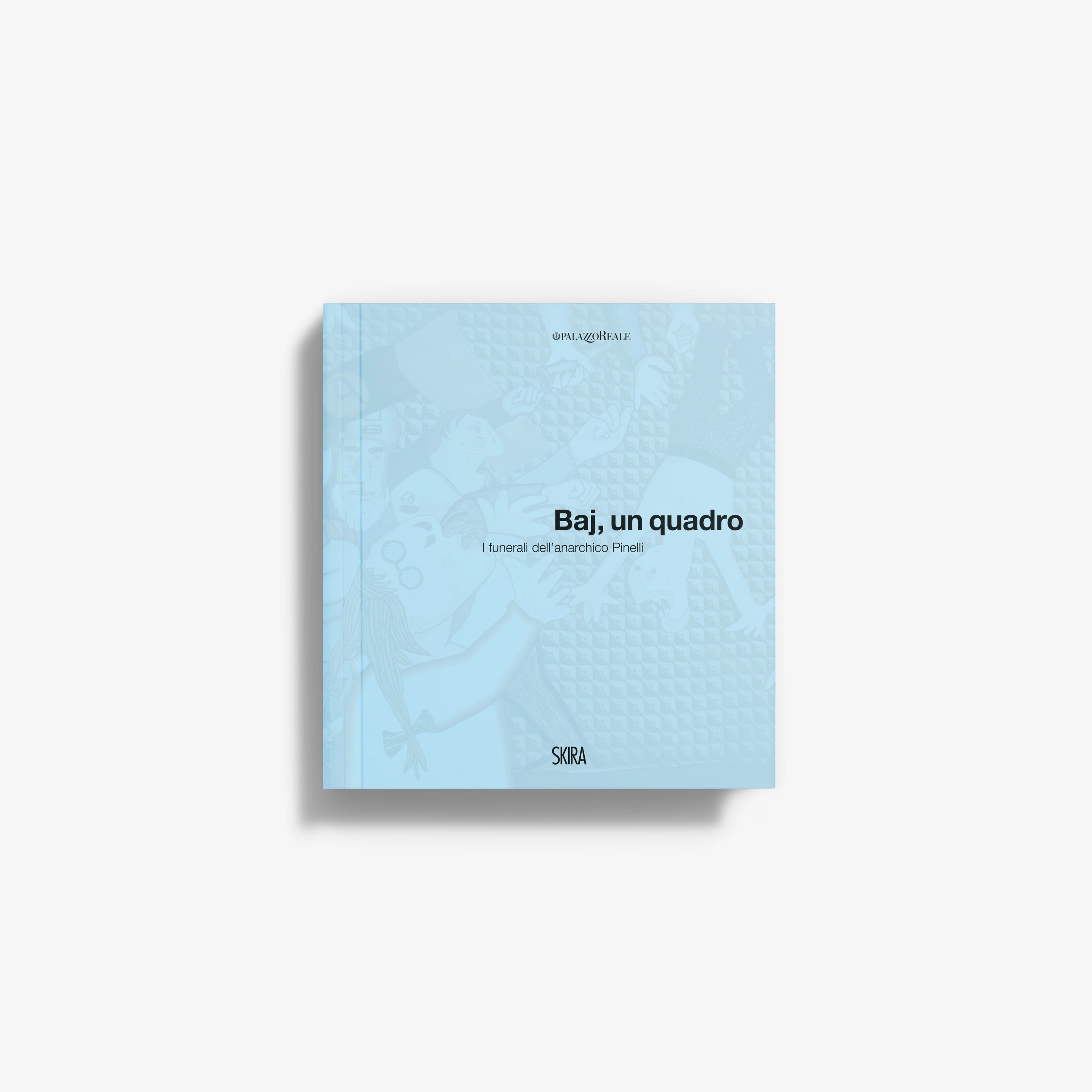 Square art book cover, light blue with abstract pattern and printed title