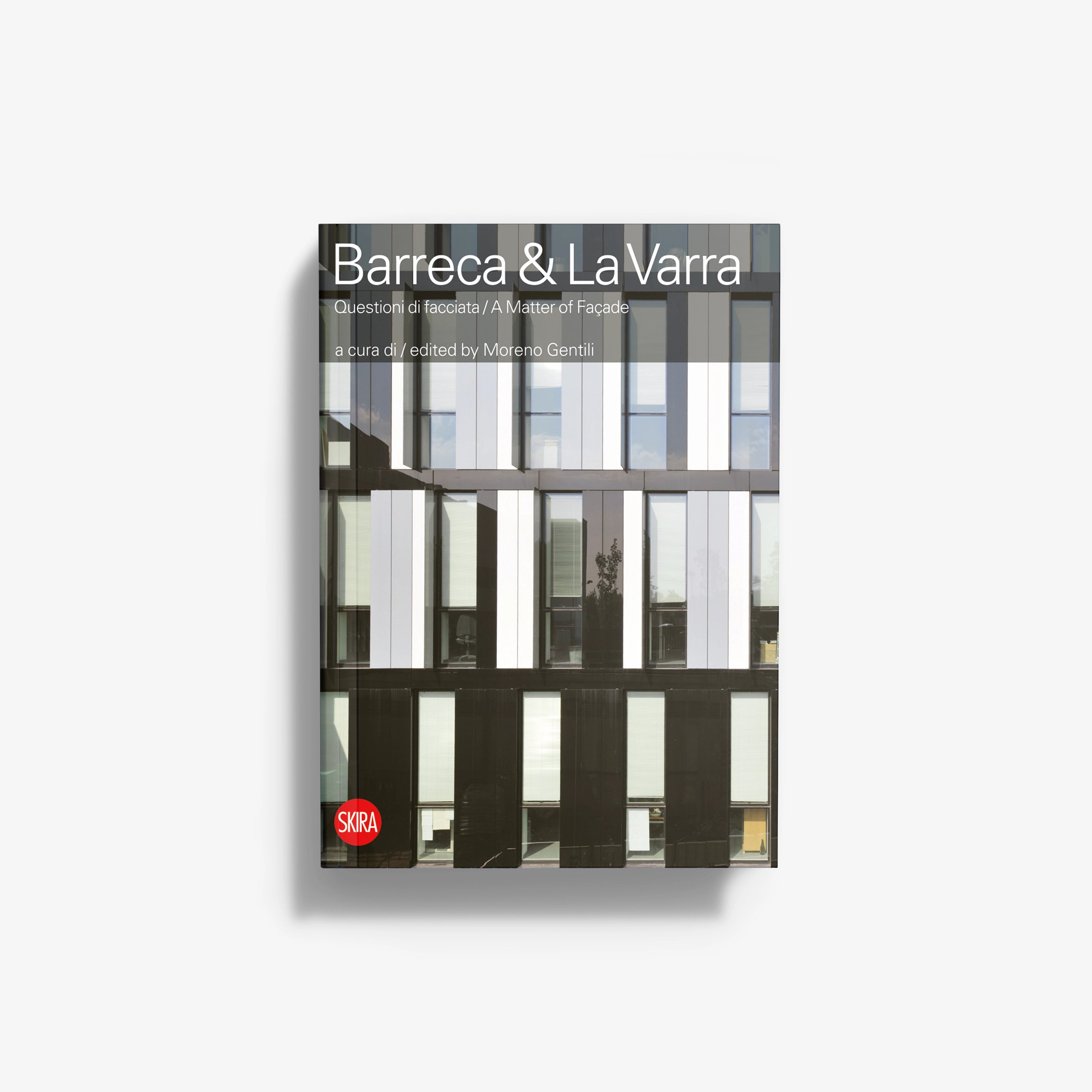 Architecture photo book cover with windowed building facade and striped design