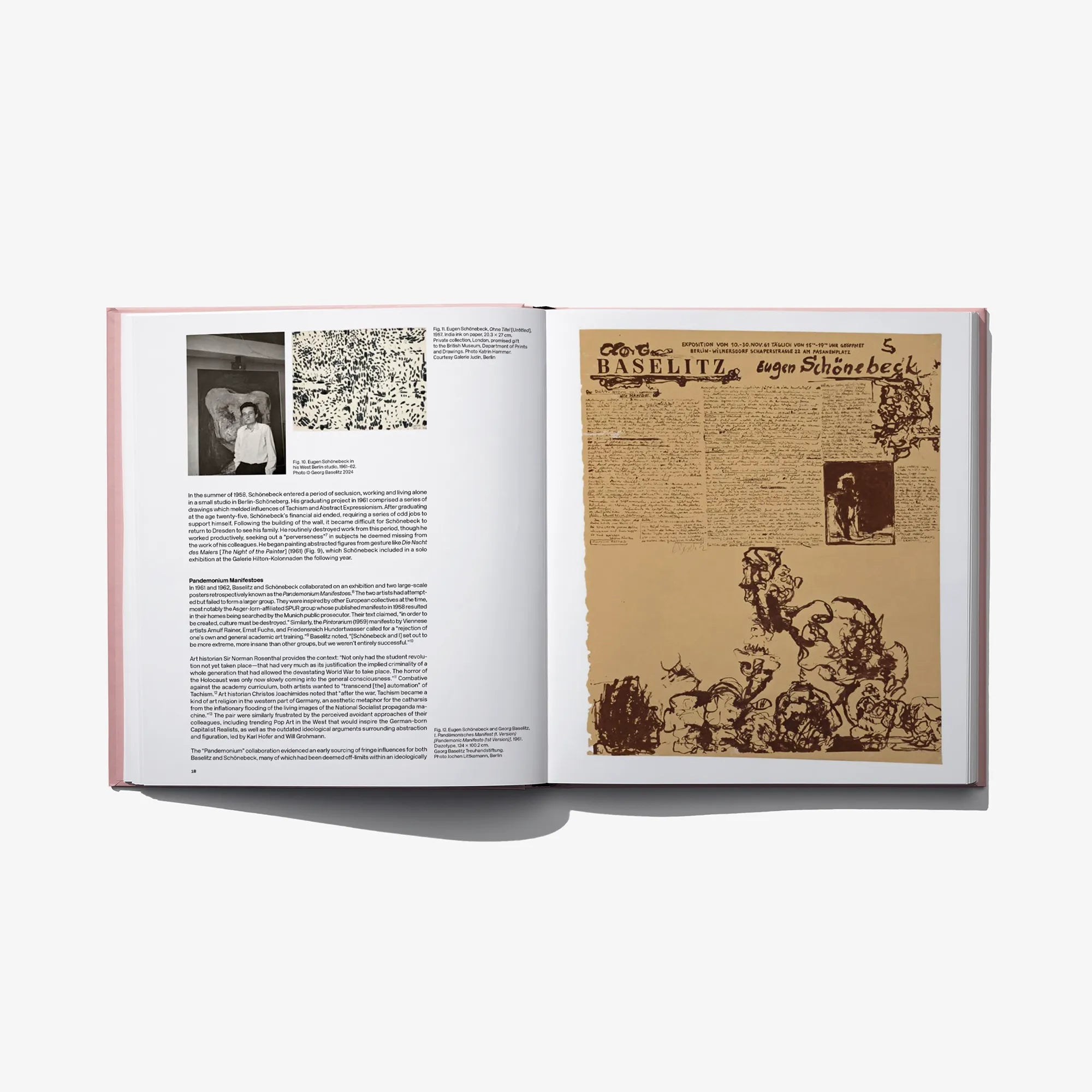 Open art book spread with printed pages and sepia graphic artwork layout