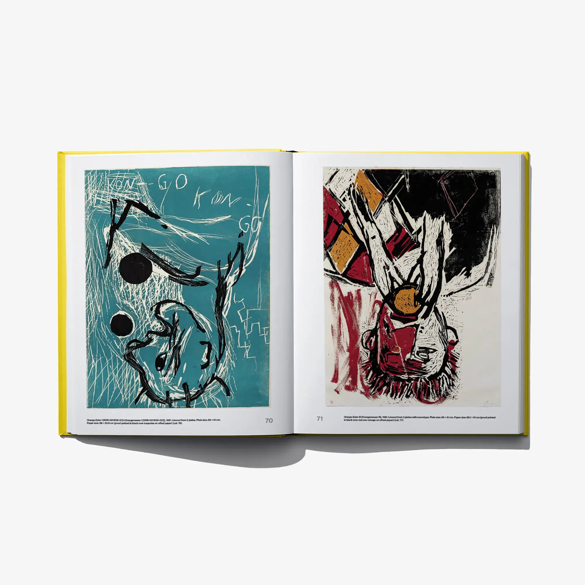 Opened art book showing two graphic prints in teal and red-black tones