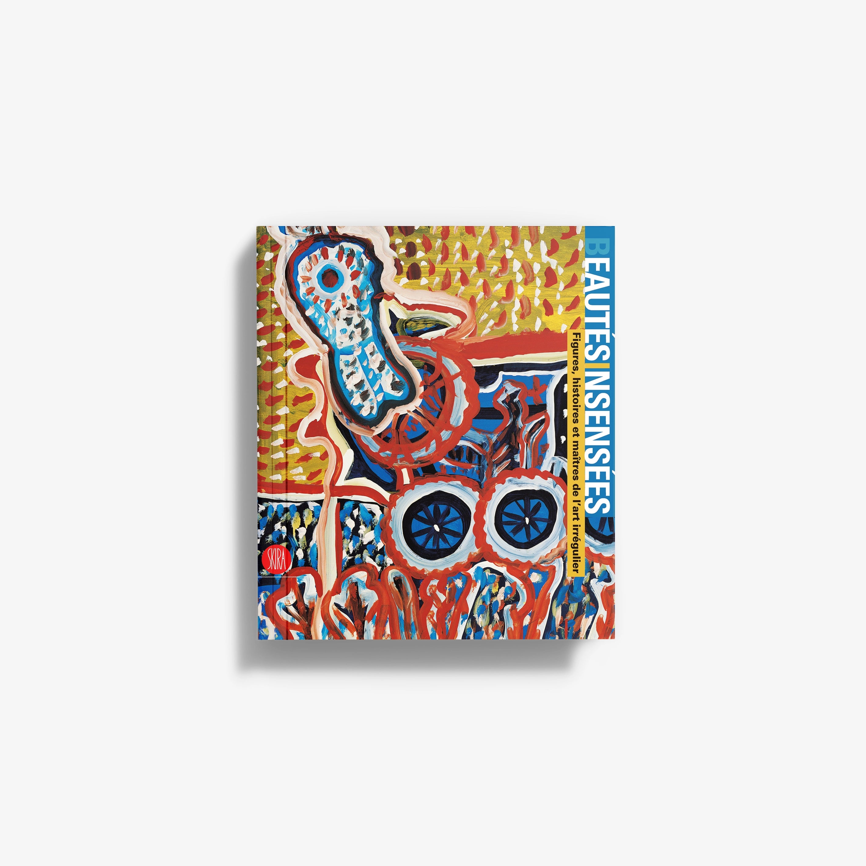 Colorful abstract art book cover with blue side title strip and illustrated figures