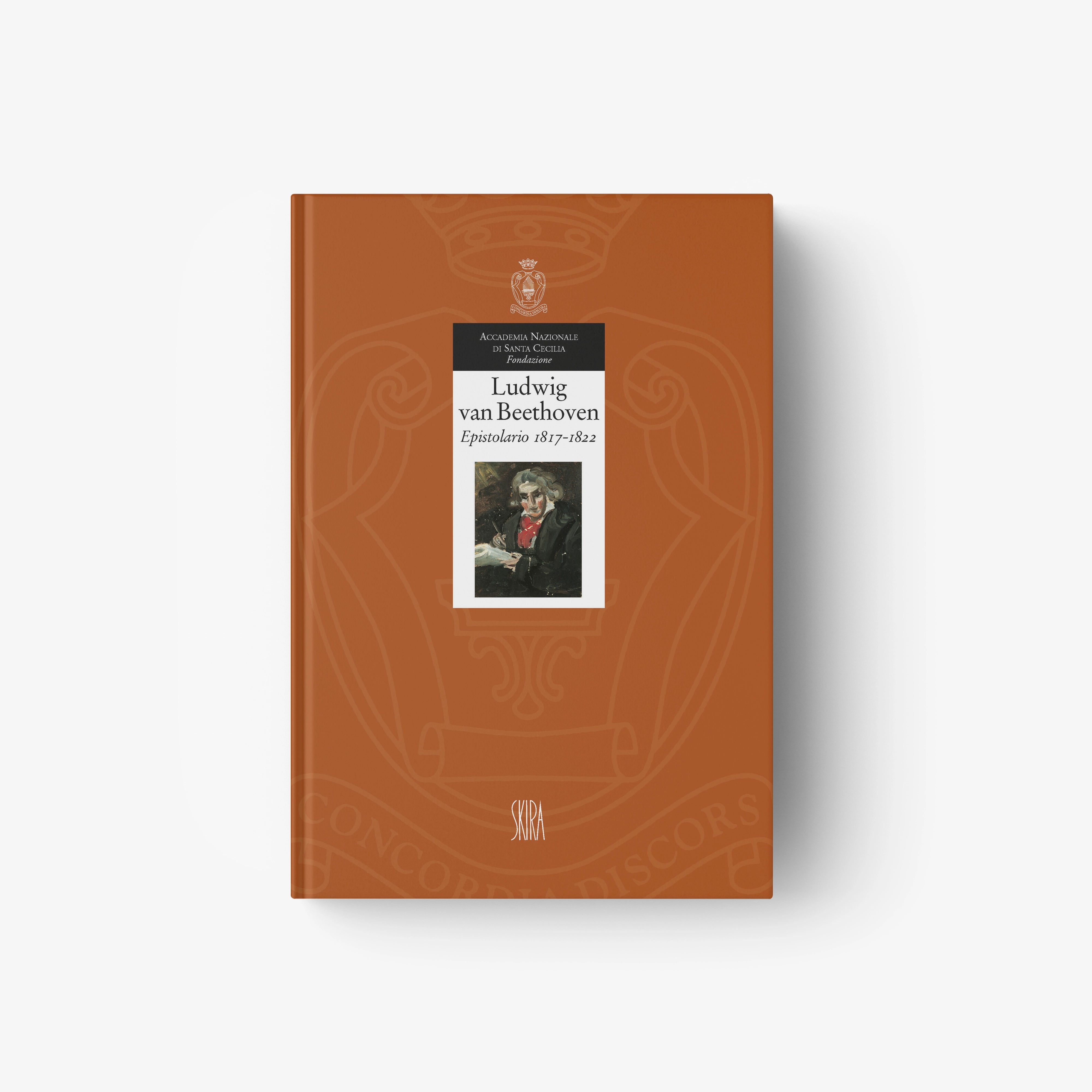 Hardcover book with brown ornate cover and Beethoven portrait, Epistolario 1817–1822