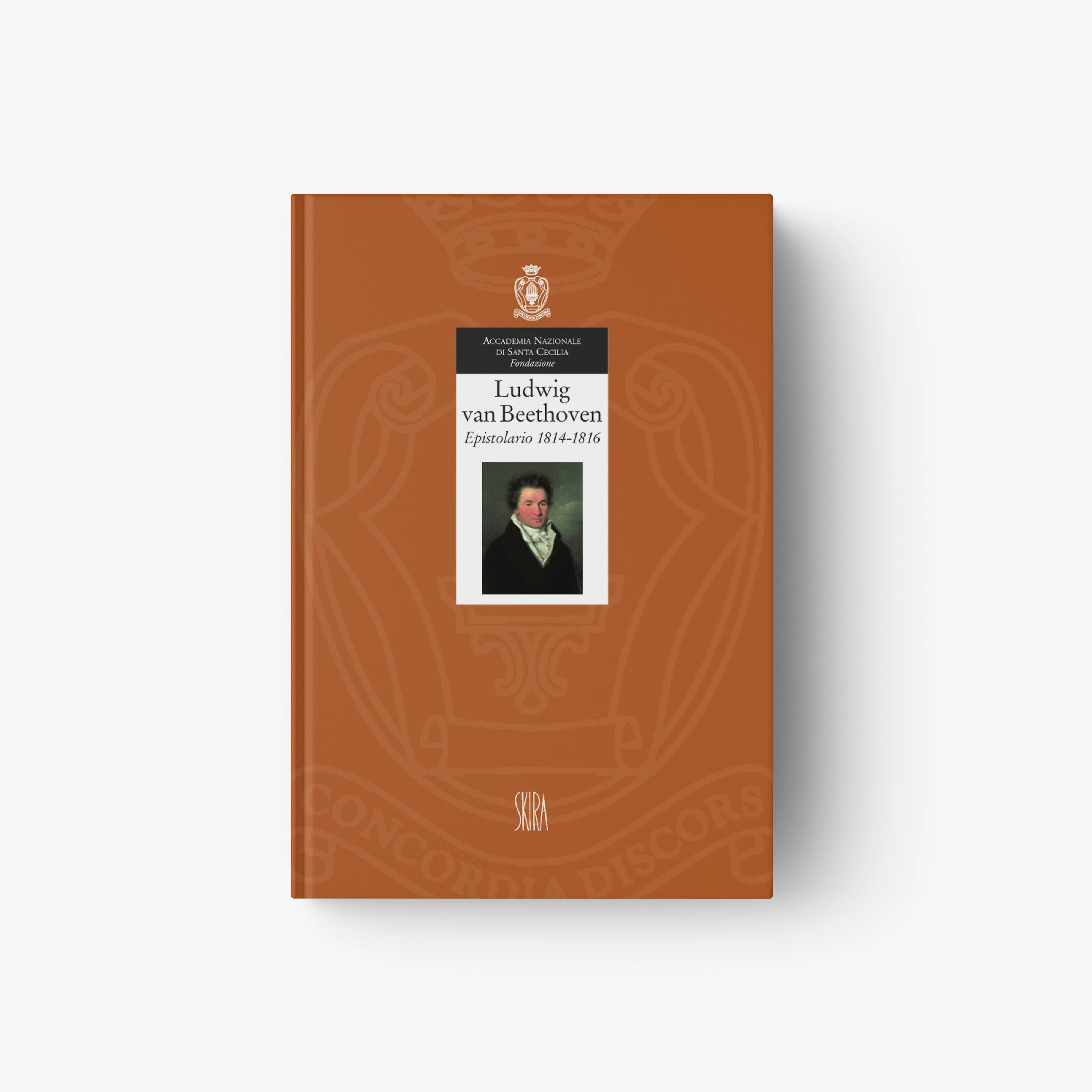 Brown hardcover book with Beethoven portrait medallion and title text on cover
