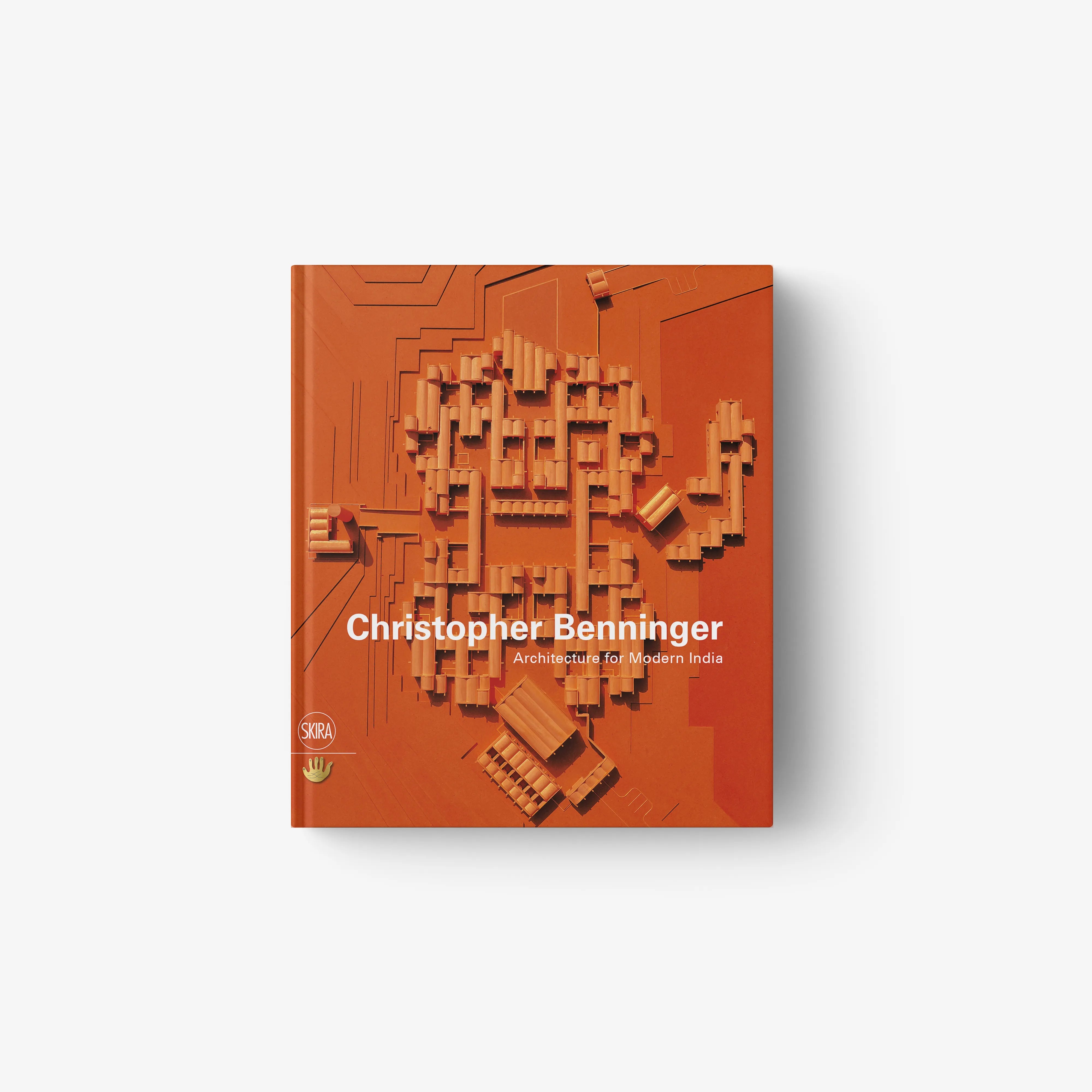 Orange architecture book cover with 3D block cityscape design