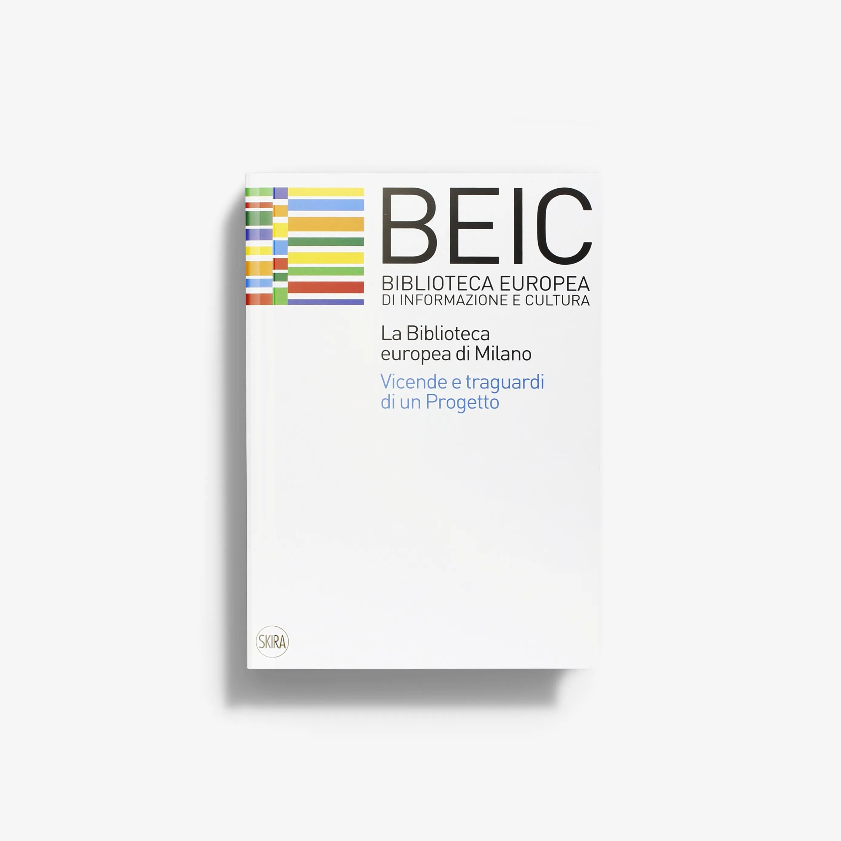 White BEIC book cover with multicolor grid stripe header and logo