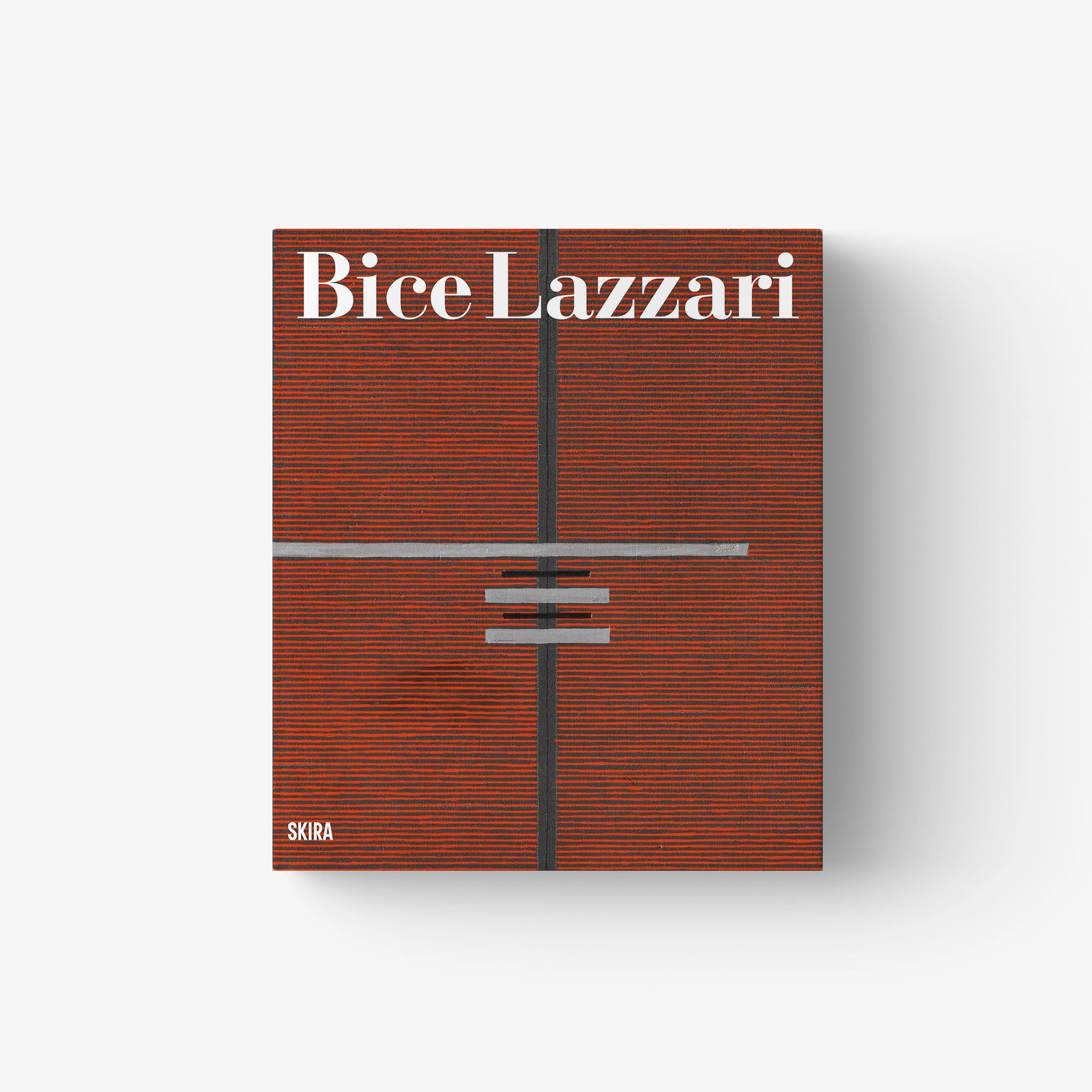 Bice Lazzari catalog book cover, orange horizontal stripes with black vertical spine, SKIRA