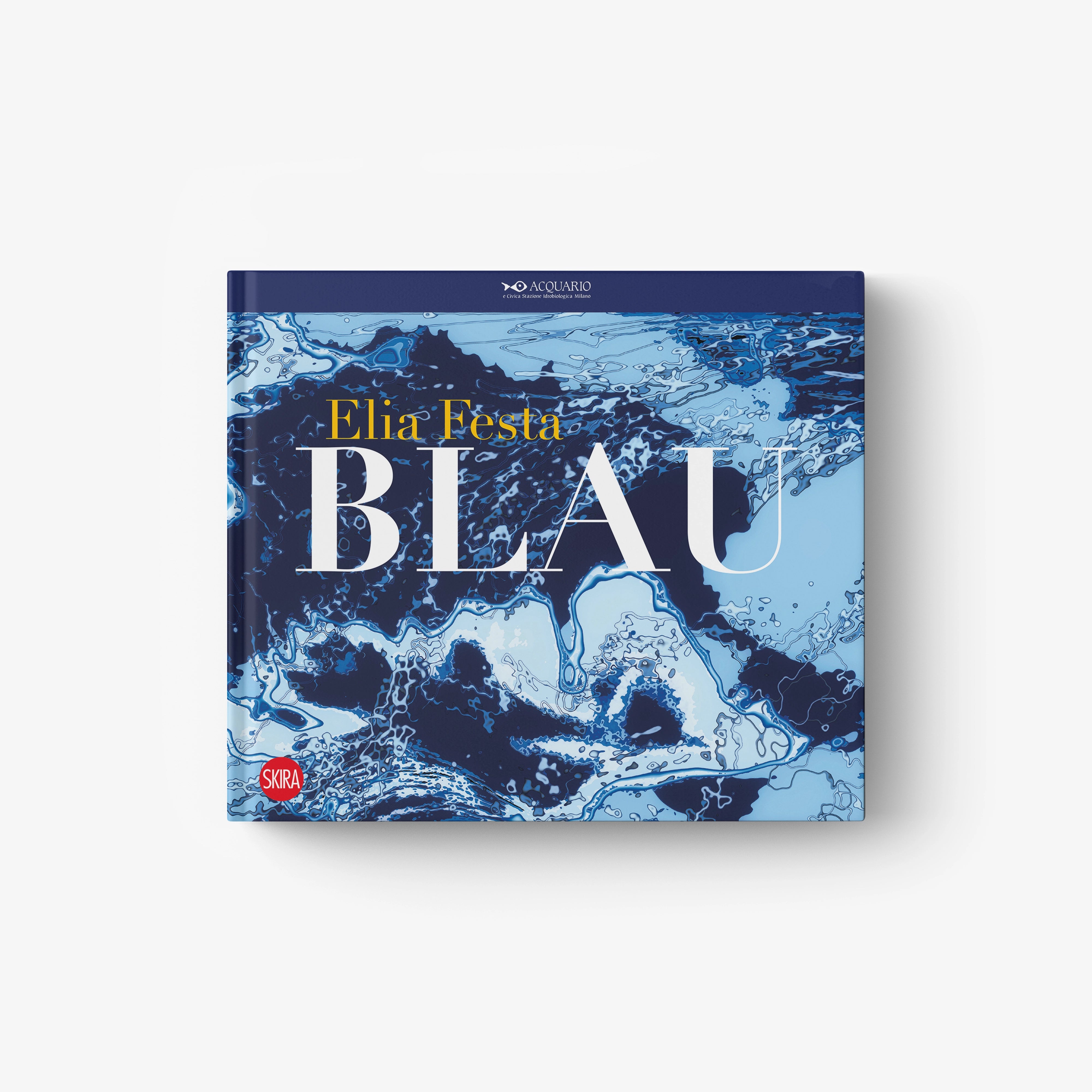 Elisa Festa blue gift box with water-splash graphics and gold lettering