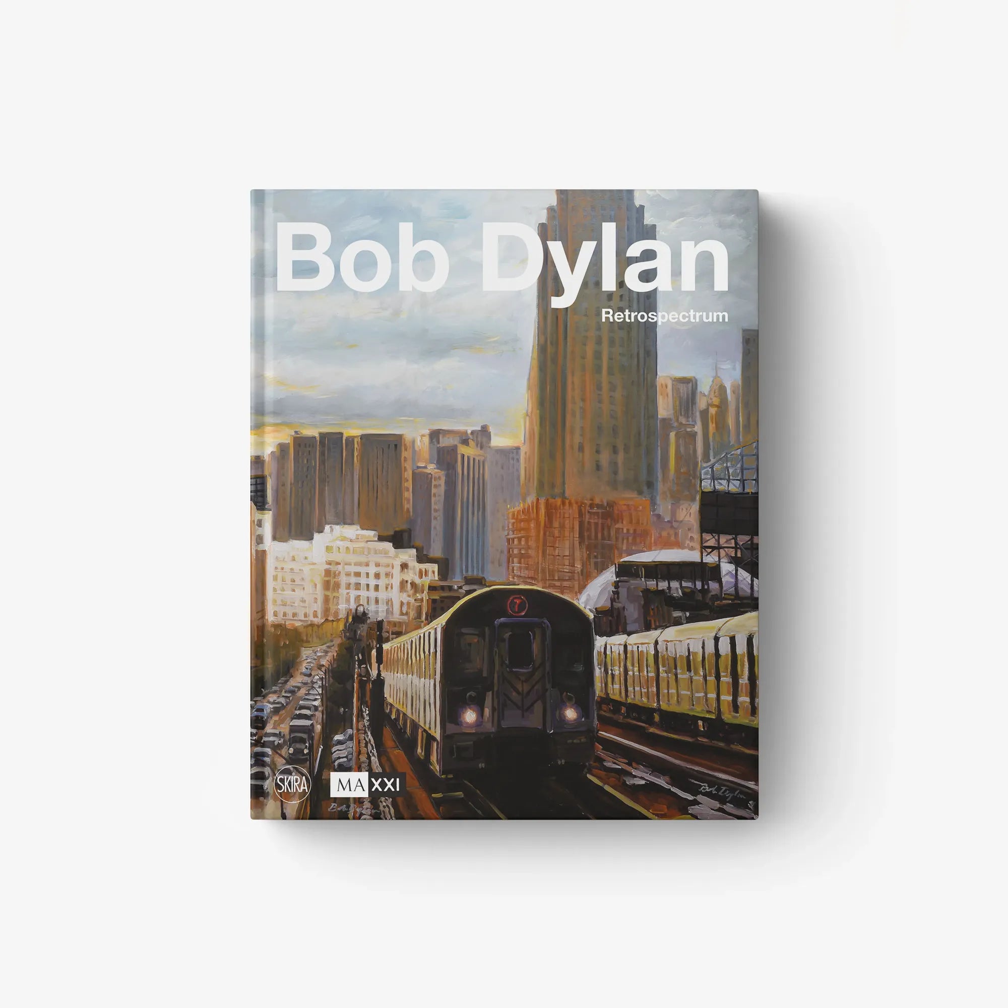 Bob Dylan Retrospectrum photo book cover with city skyline and train illustration