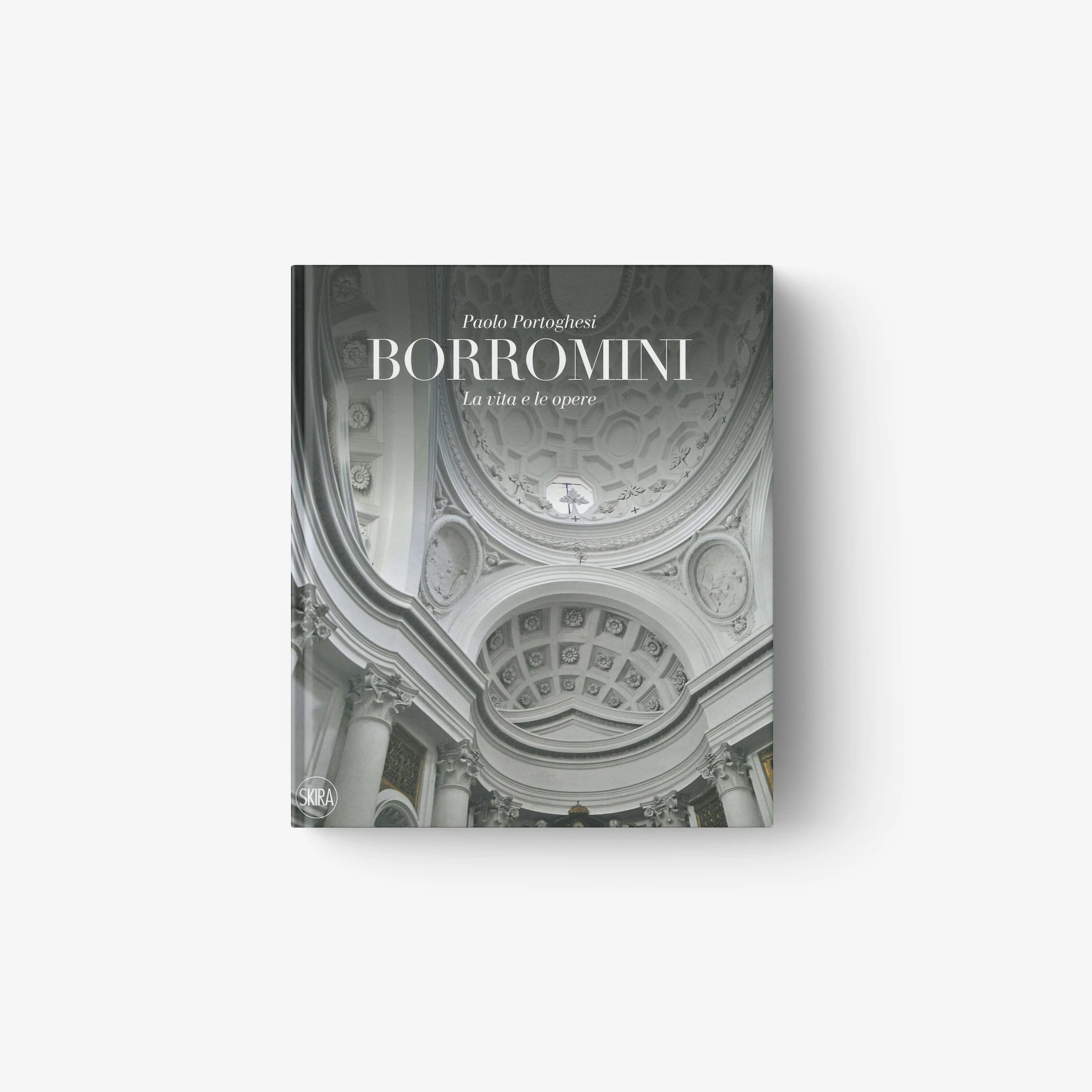 Art book in grey with ornate architectural cover, Skira Arte Borromini, Paolo Portoghesi edition updated with rewritten text