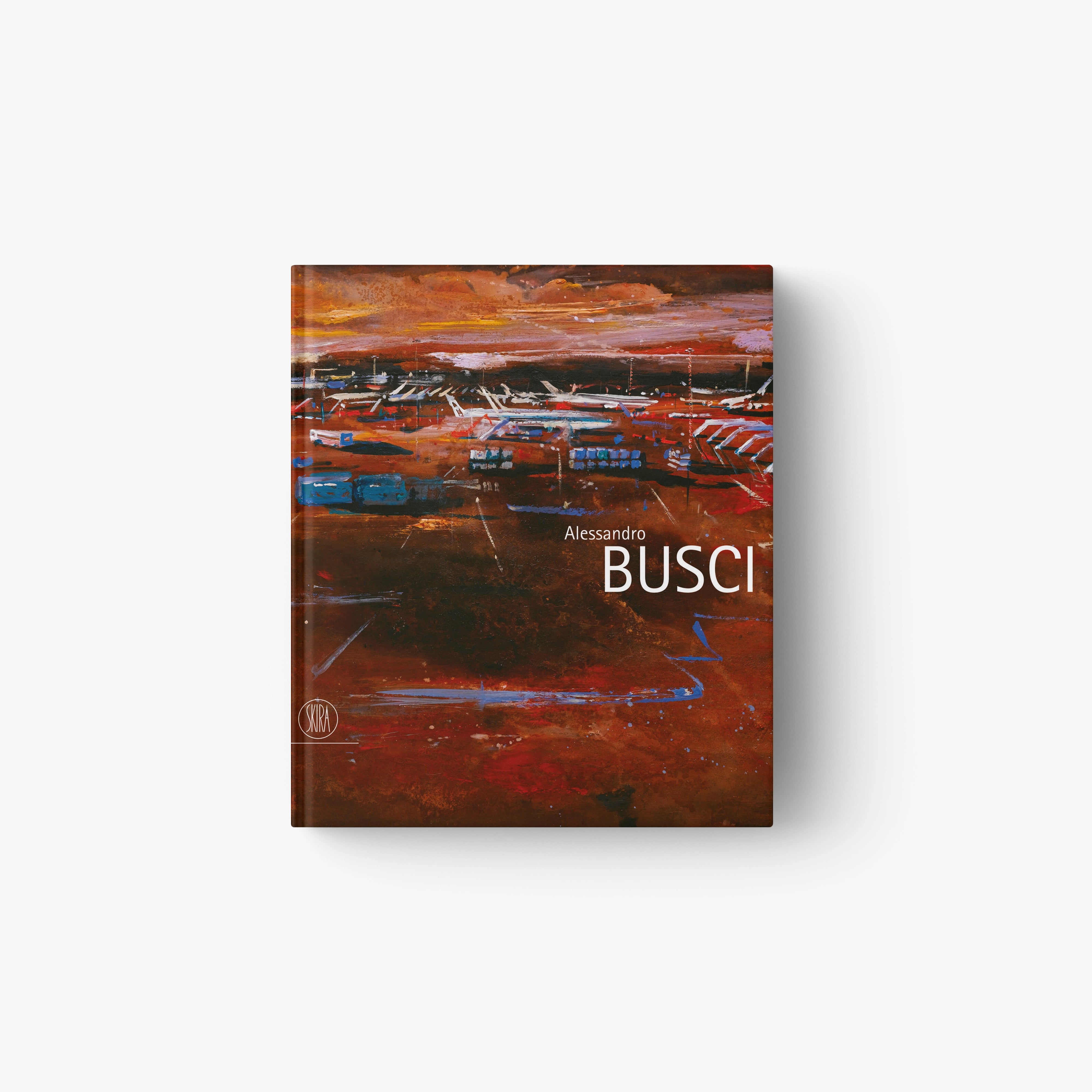 Abstract canvas artwork with red-blue cityscape and BUSCI lettering