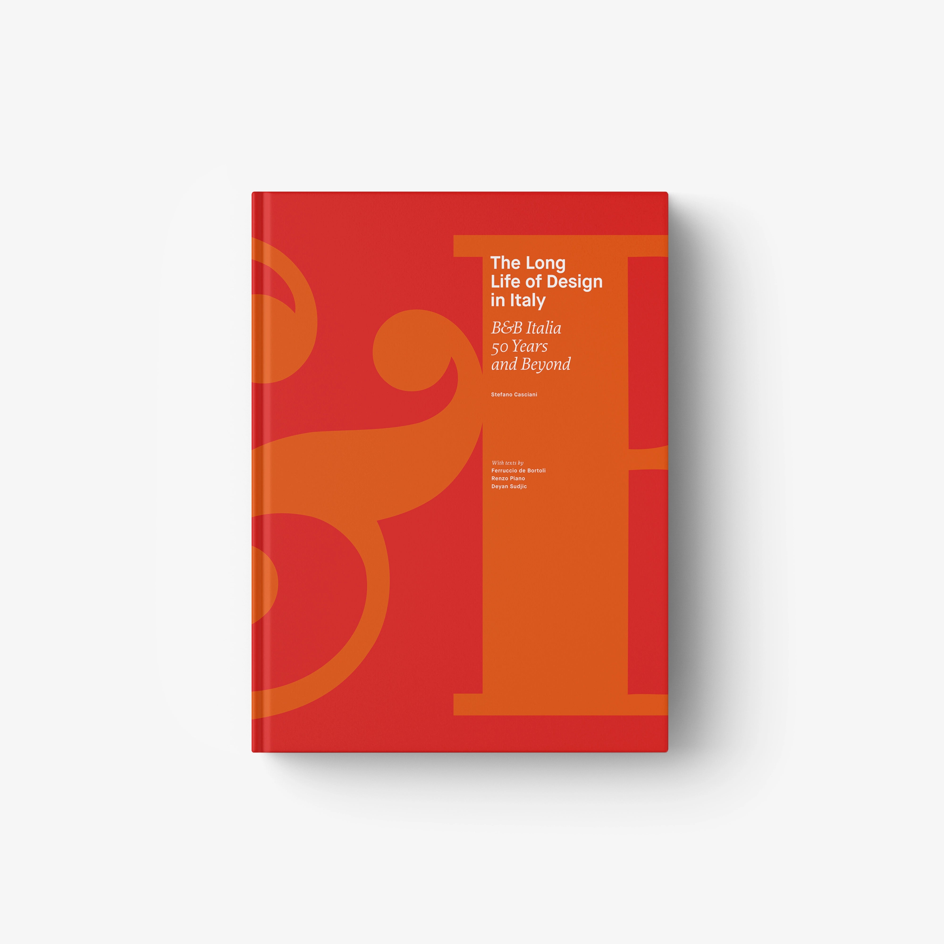 Hardcover book with red cover and abstract yellow and orange graphics