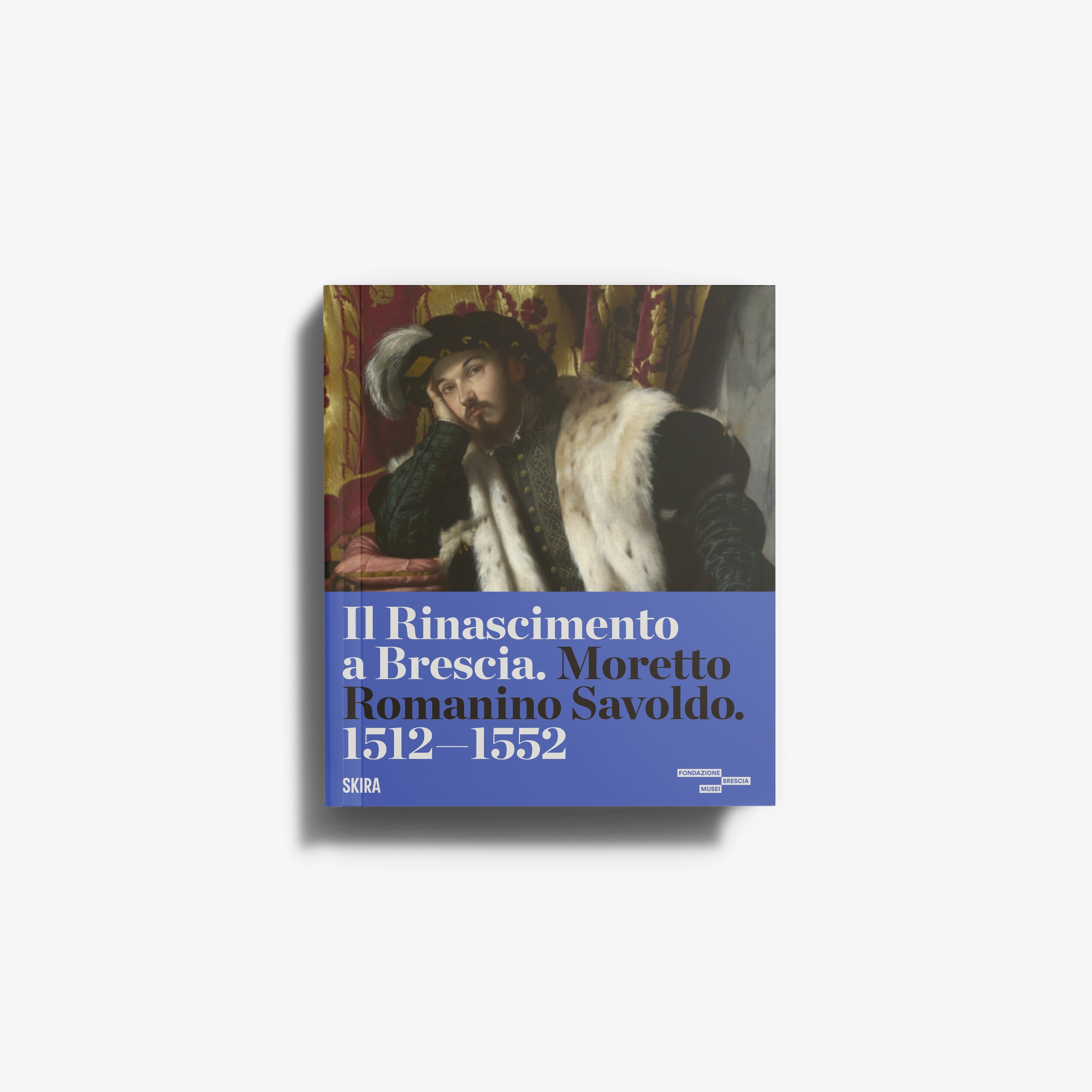 Art book by Skira Arte with portrait artwork cover, blue title panel and fur-trimmed figure, Il Rinascimento a Brescia