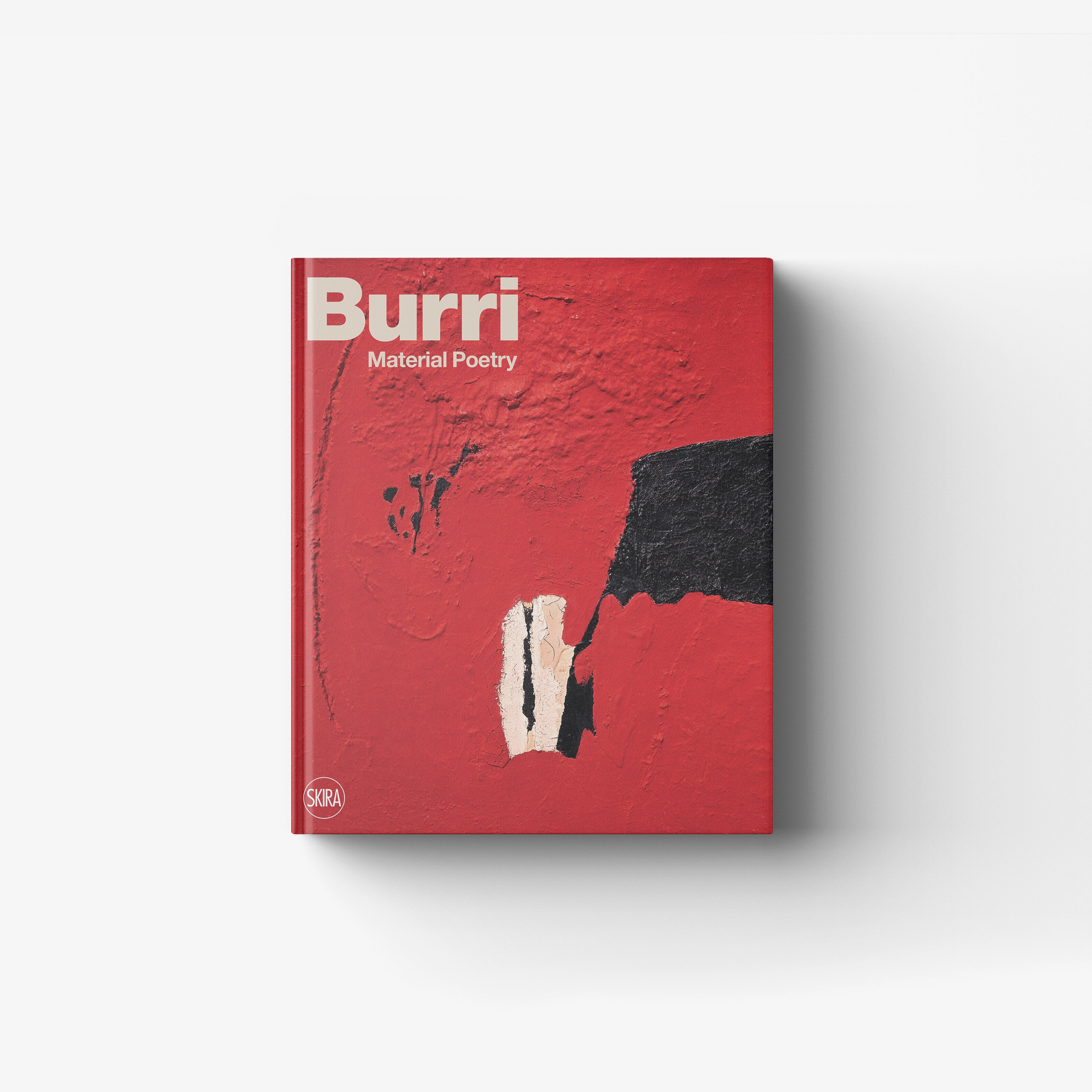Contemporary art book by Skira Arte, red and black mixed media cover, Material Poetry, Italian artist Alberto Burri