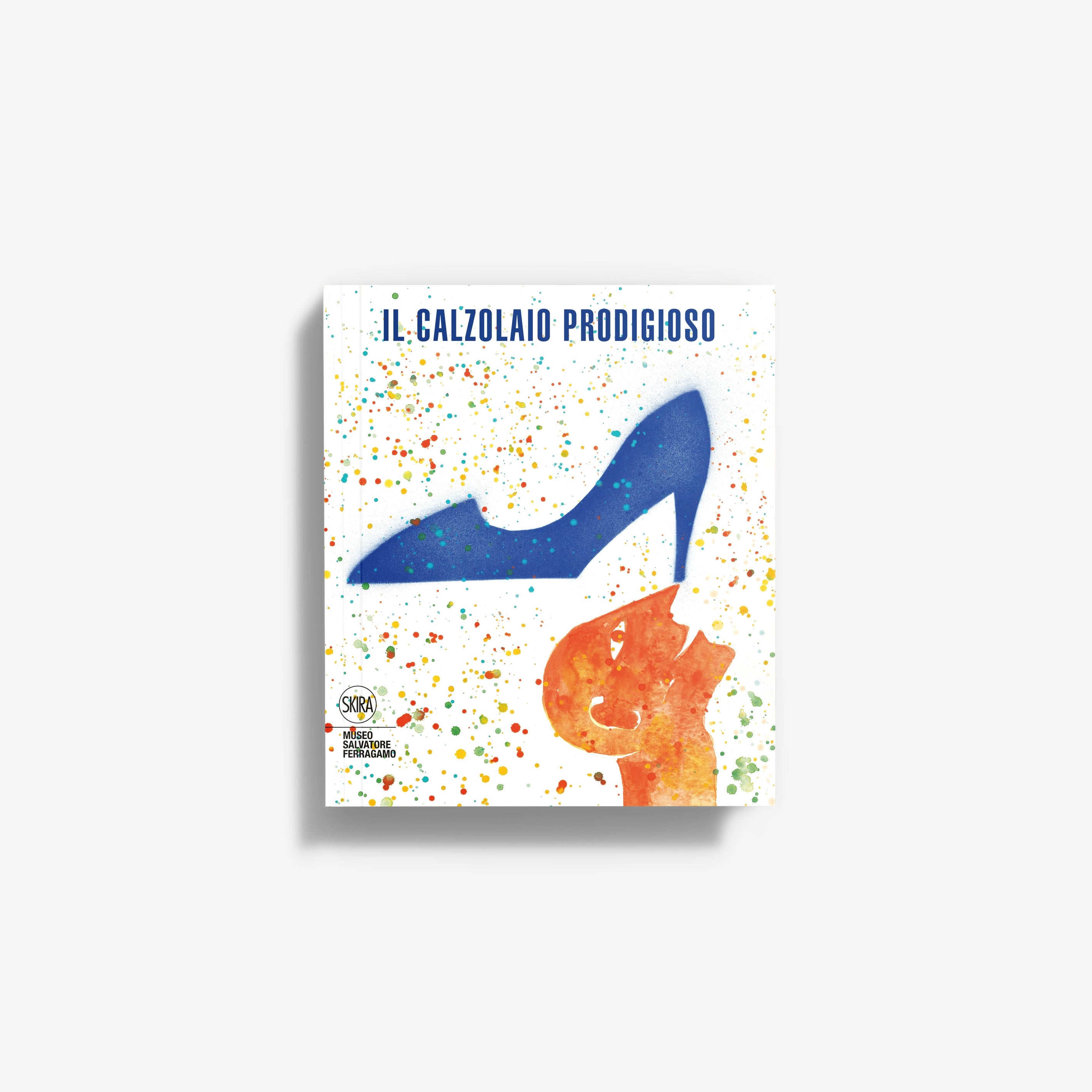 Book cover with blue shoe illustration and orange character on speckled background